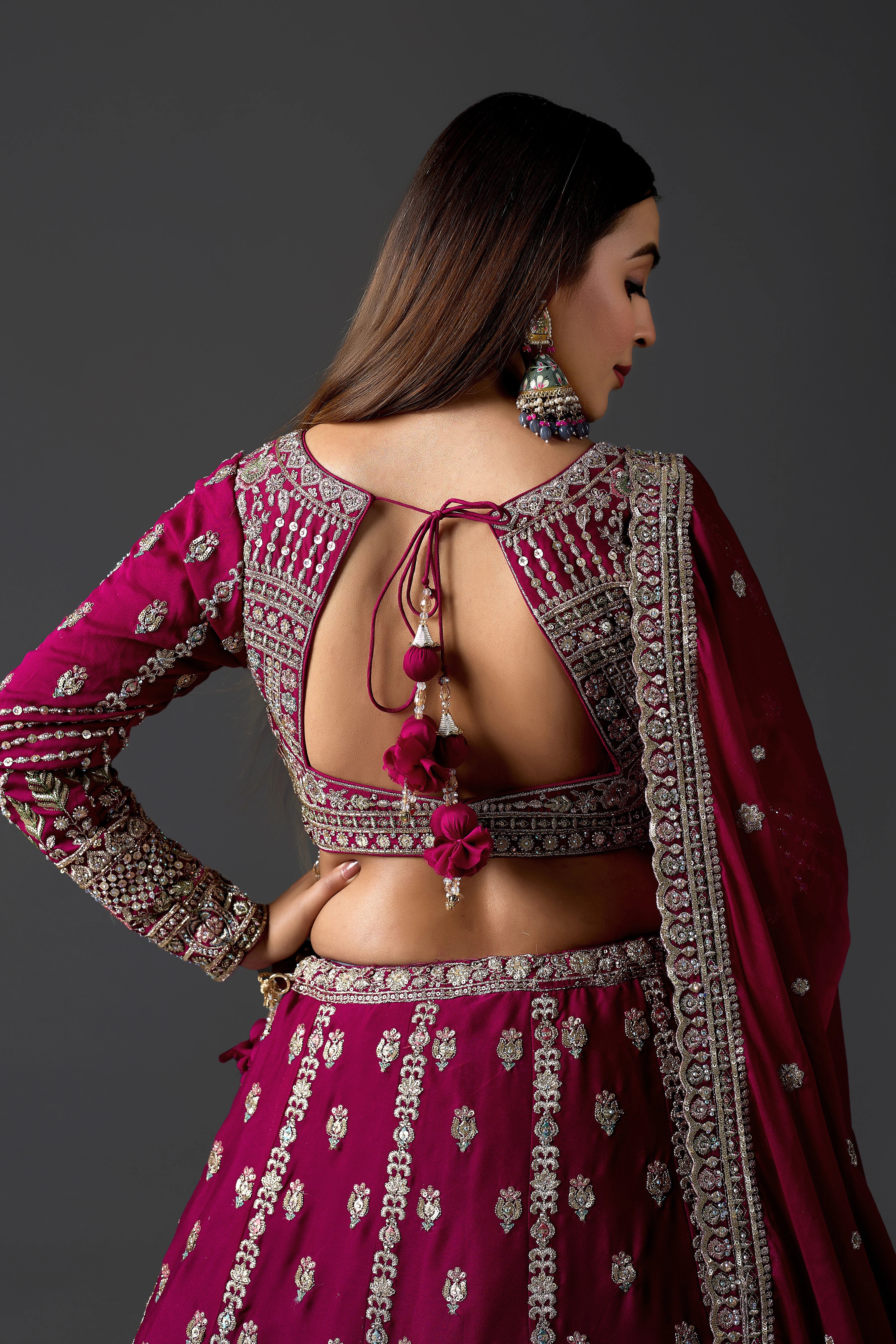 Ruby Wine Georgette Lehenga Set With Ornate Zari Border & Handcrafted Blouse