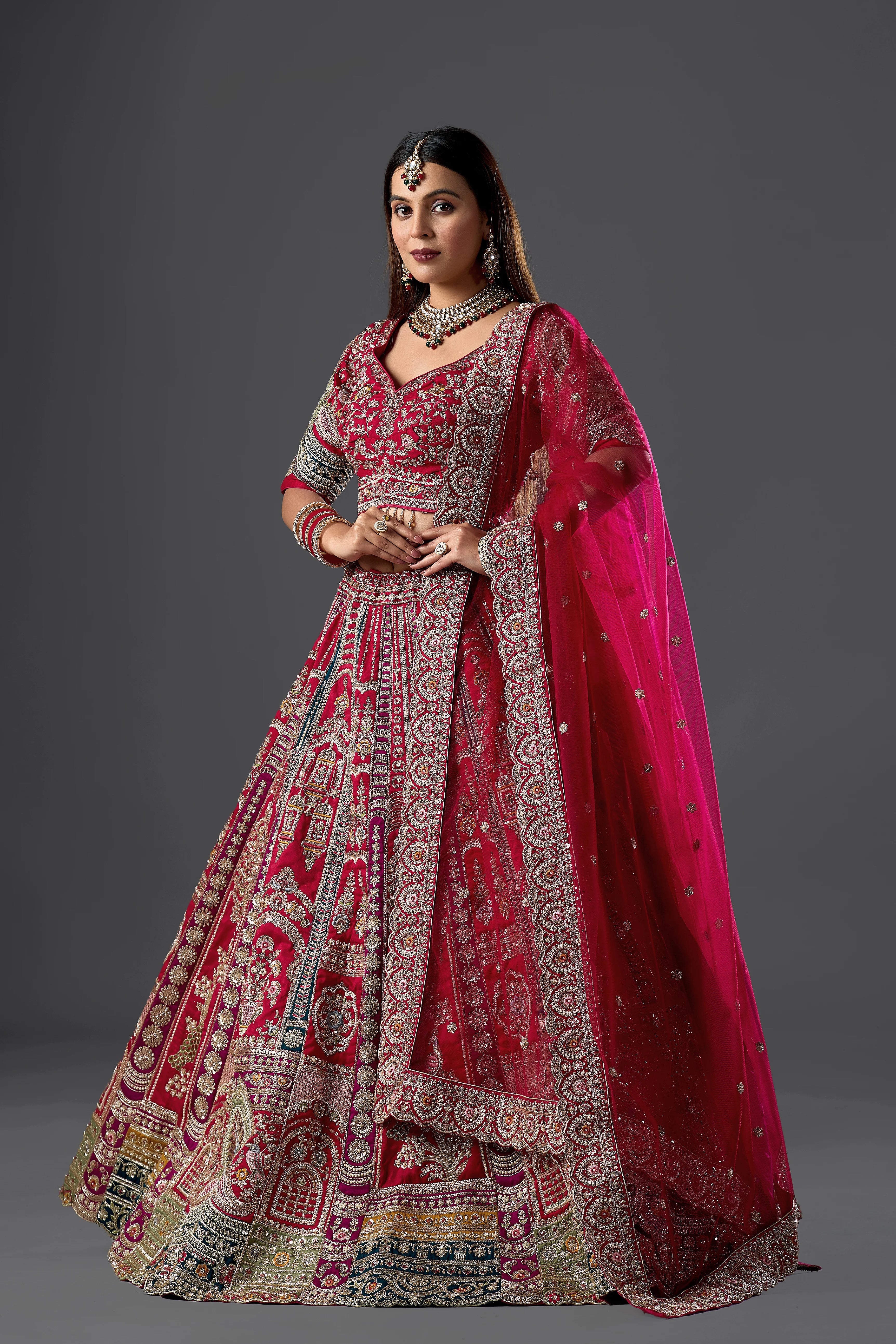 Maroon Raw Silk Hand & Machine Embroidered Bridal Lehenga Set