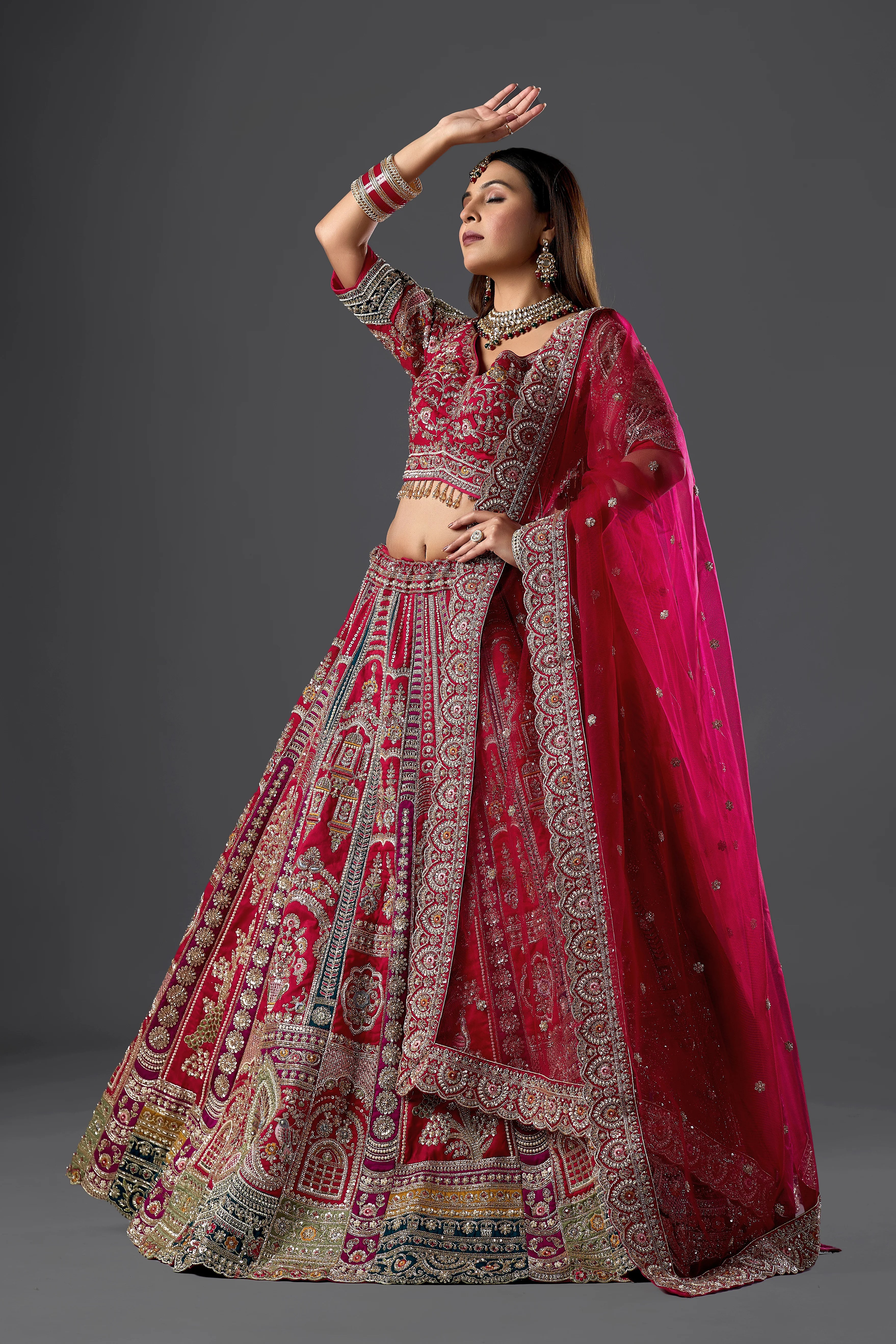Maroon Raw Silk Hand & Machine Embroidered Bridal Lehenga Set
