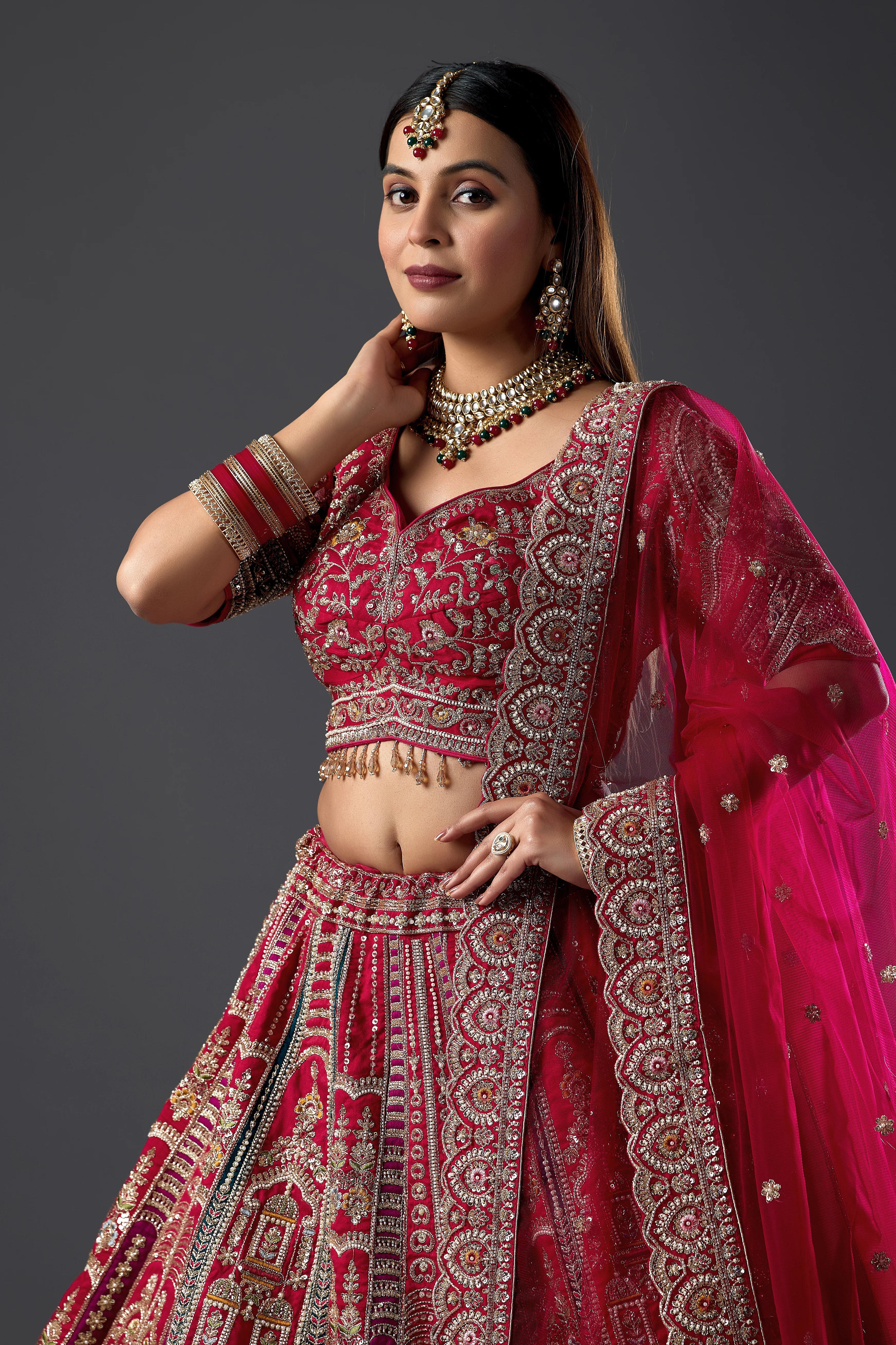 Maroon Raw Silk Hand & Machine Embroidered Bridal Lehenga Set