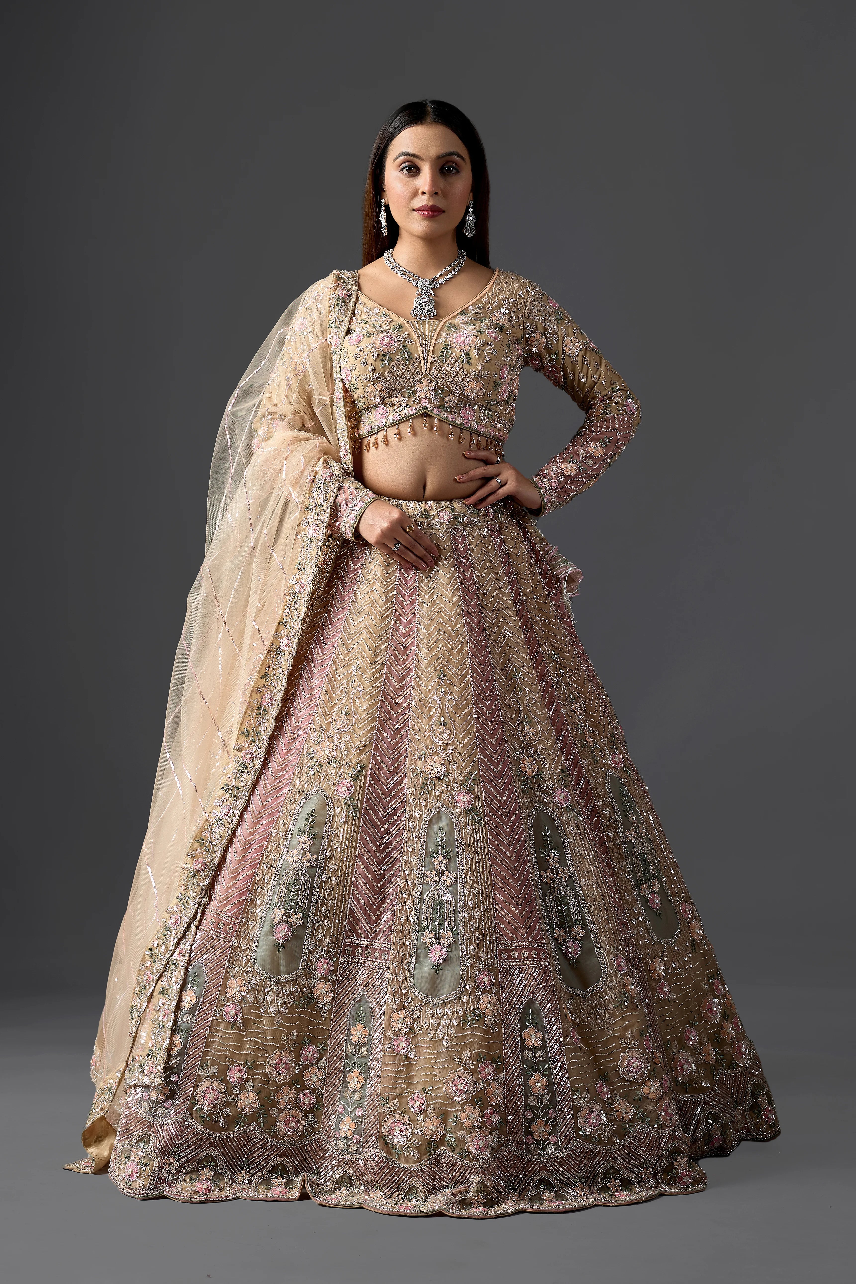Blush Gold Net Hand-Embroidered Bridal Lehenga Set with Heavy Work Blouse & Dupatta