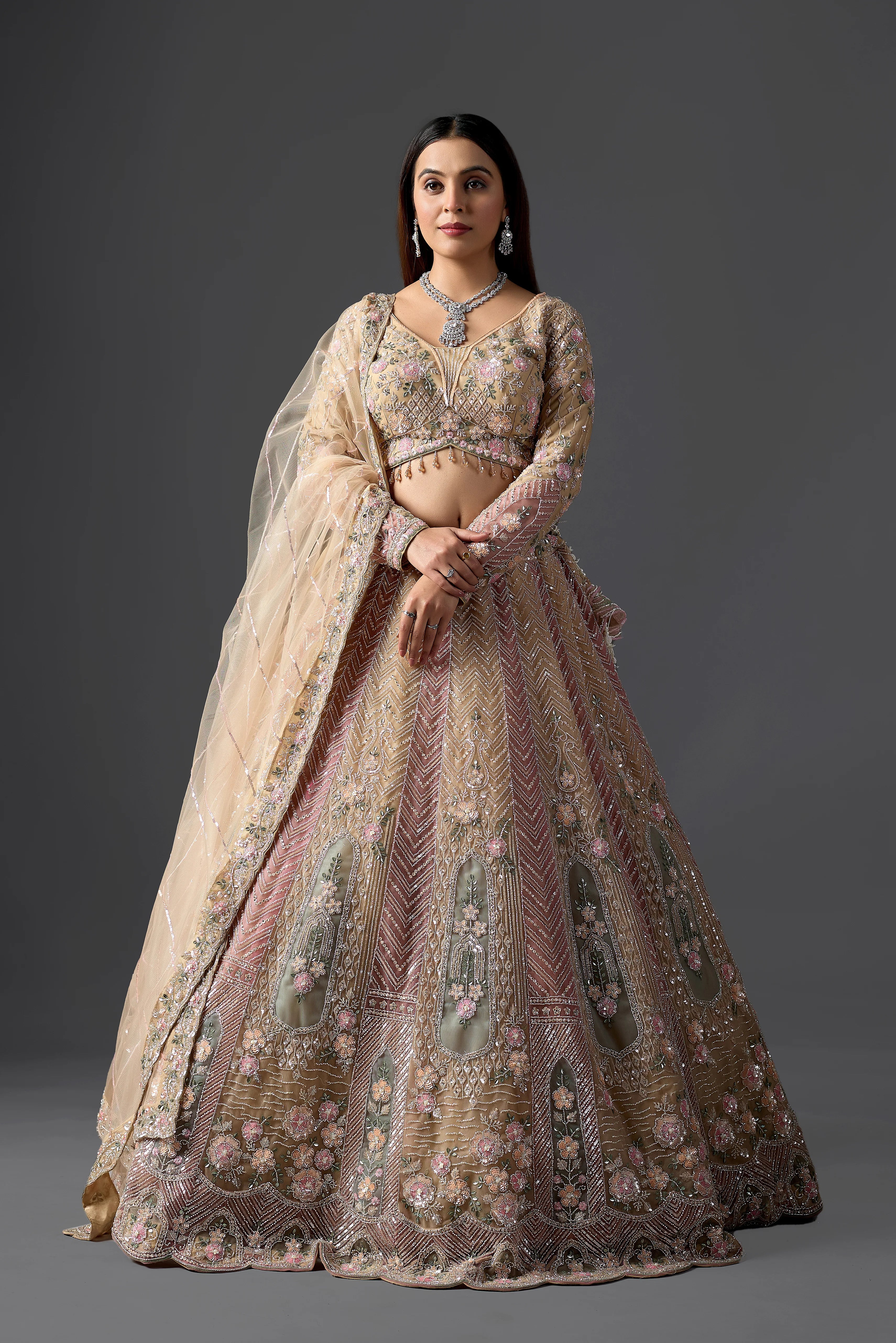 Blush Gold Net Hand-Embroidered Bridal Lehenga Set with Heavy Work Blouse & Dupatta