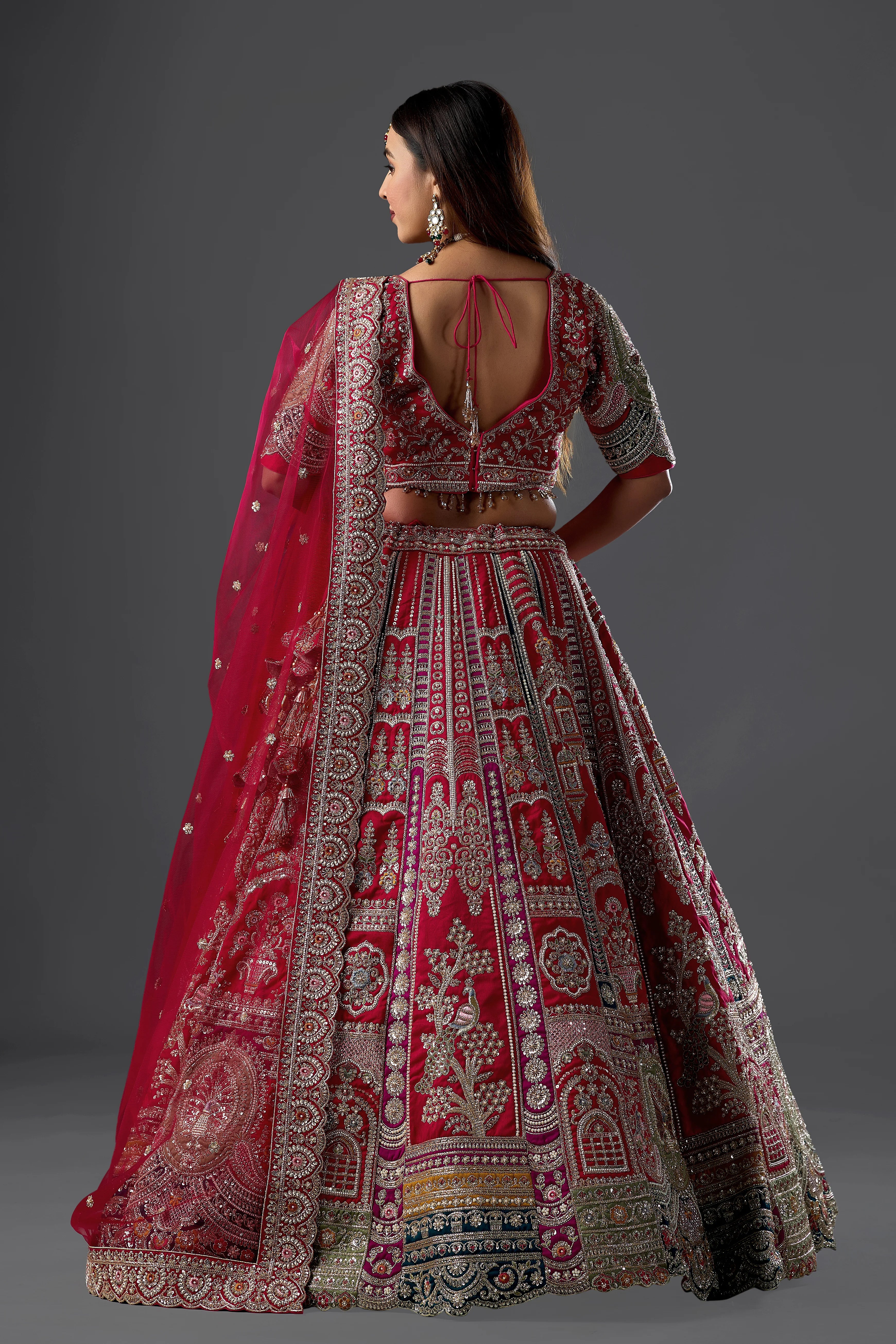 Maroon Raw Silk Hand & Machine Embroidered Bridal Lehenga Set