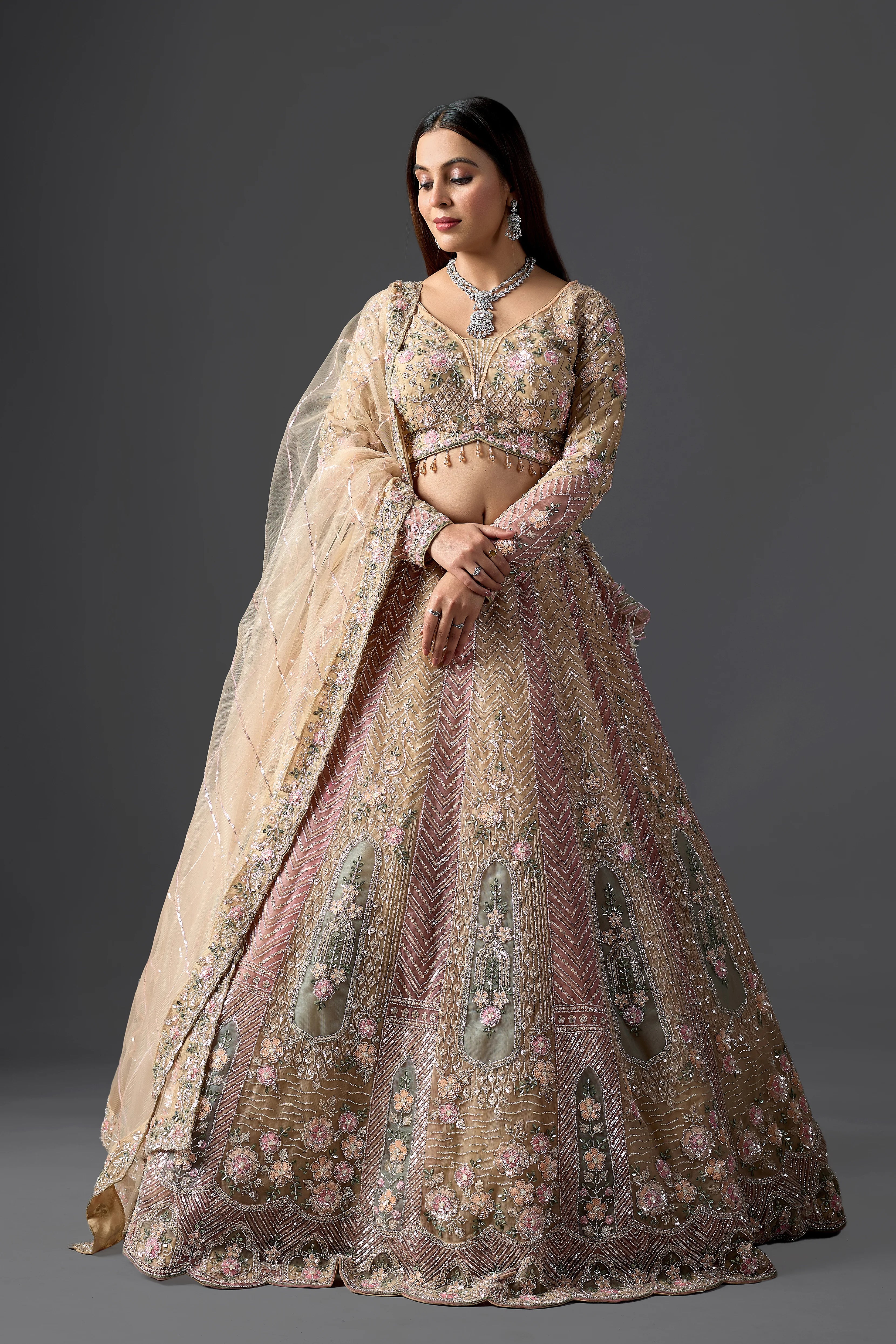 Blush Gold Net Hand-Embroidered Bridal Lehenga Set with Heavy Work Blouse & Dupatta
