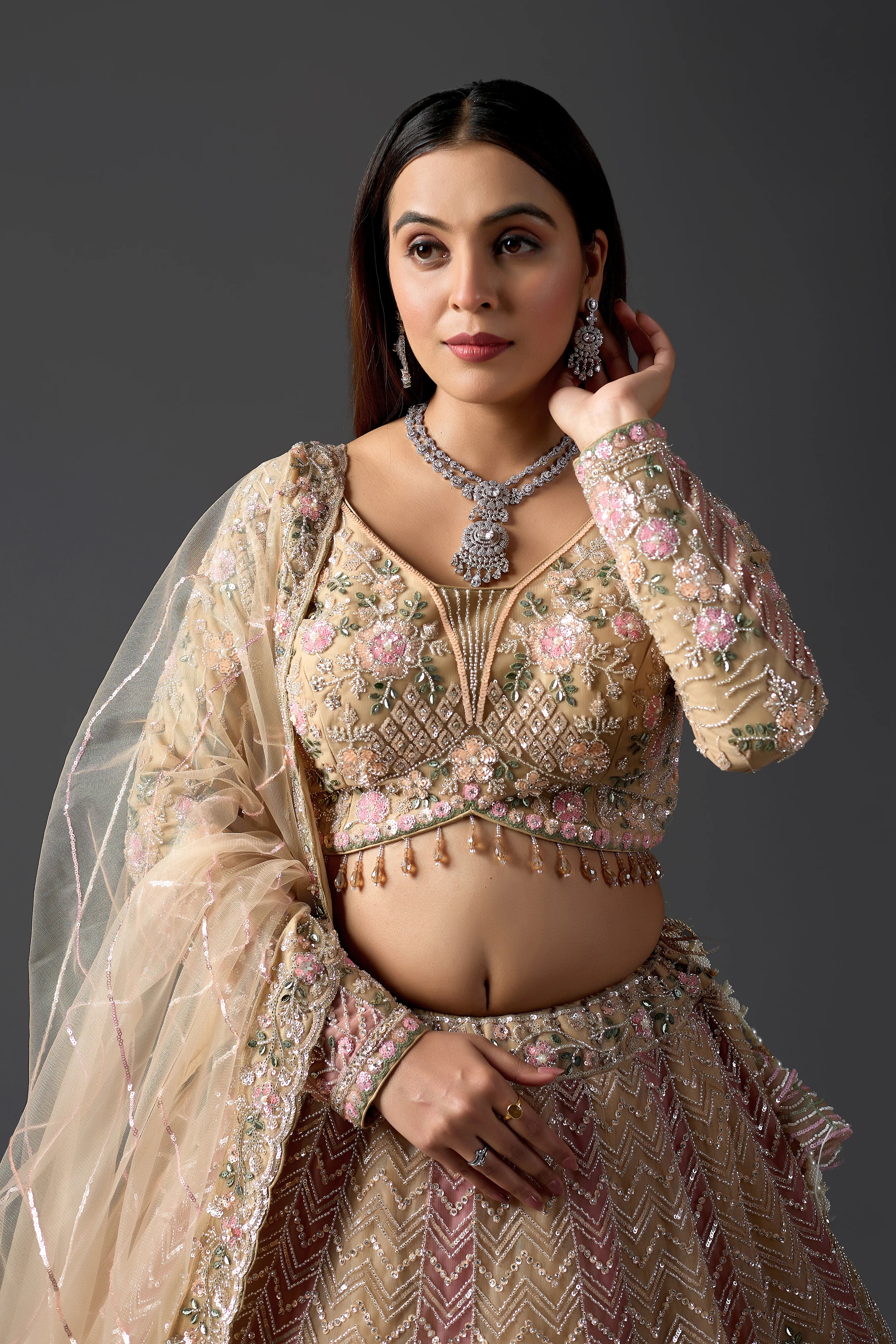 Blush Gold Net Hand-Embroidered Bridal Lehenga Set with Heavy Work Blouse & Dupatta