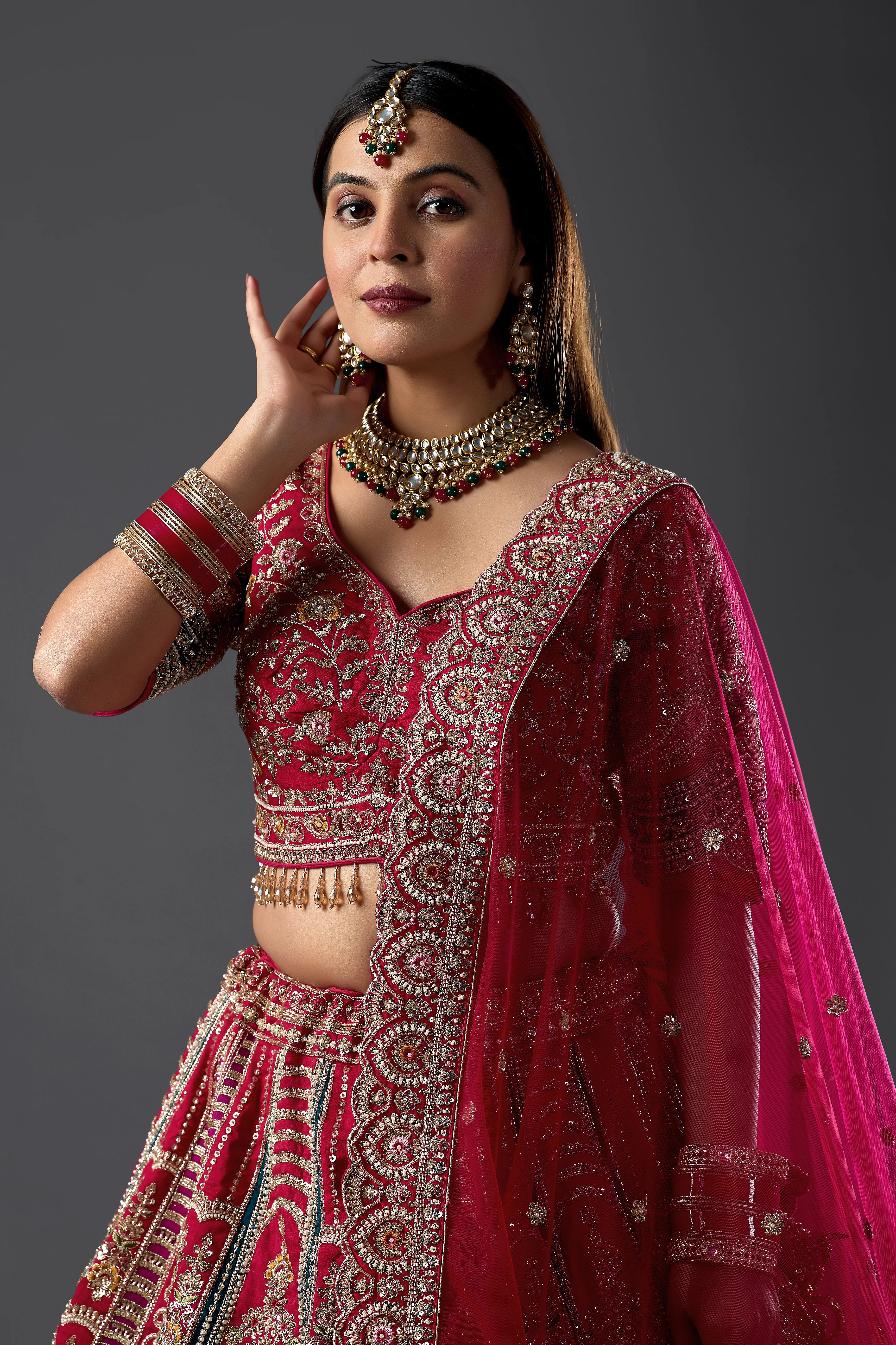 Maroon Raw Silk Hand & Machine Embroidered Bridal Lehenga Set