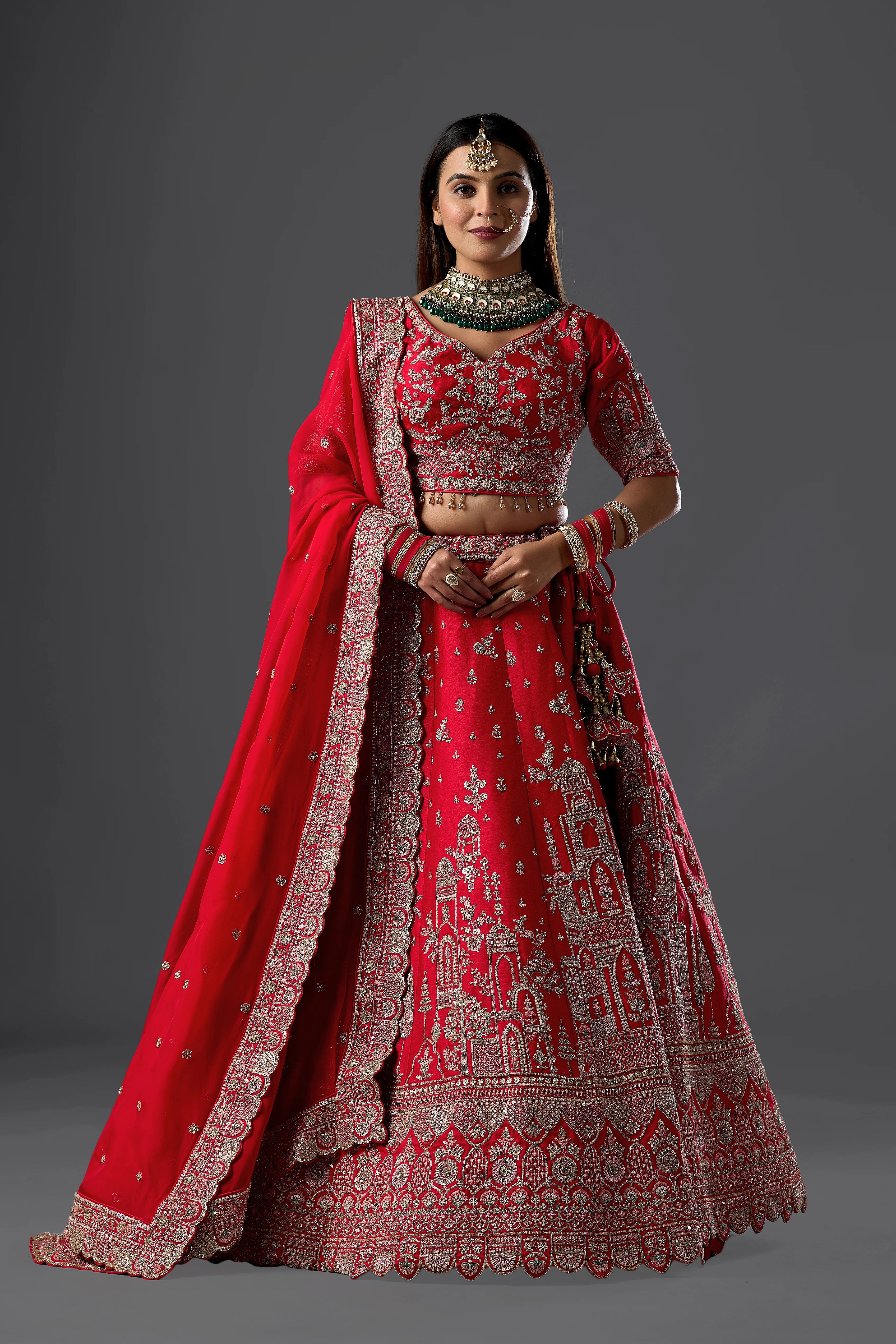 Red Raw Silk Handcrafted Lehenga Set with Intricate Embroidery, Elegant Choli & Dupatta