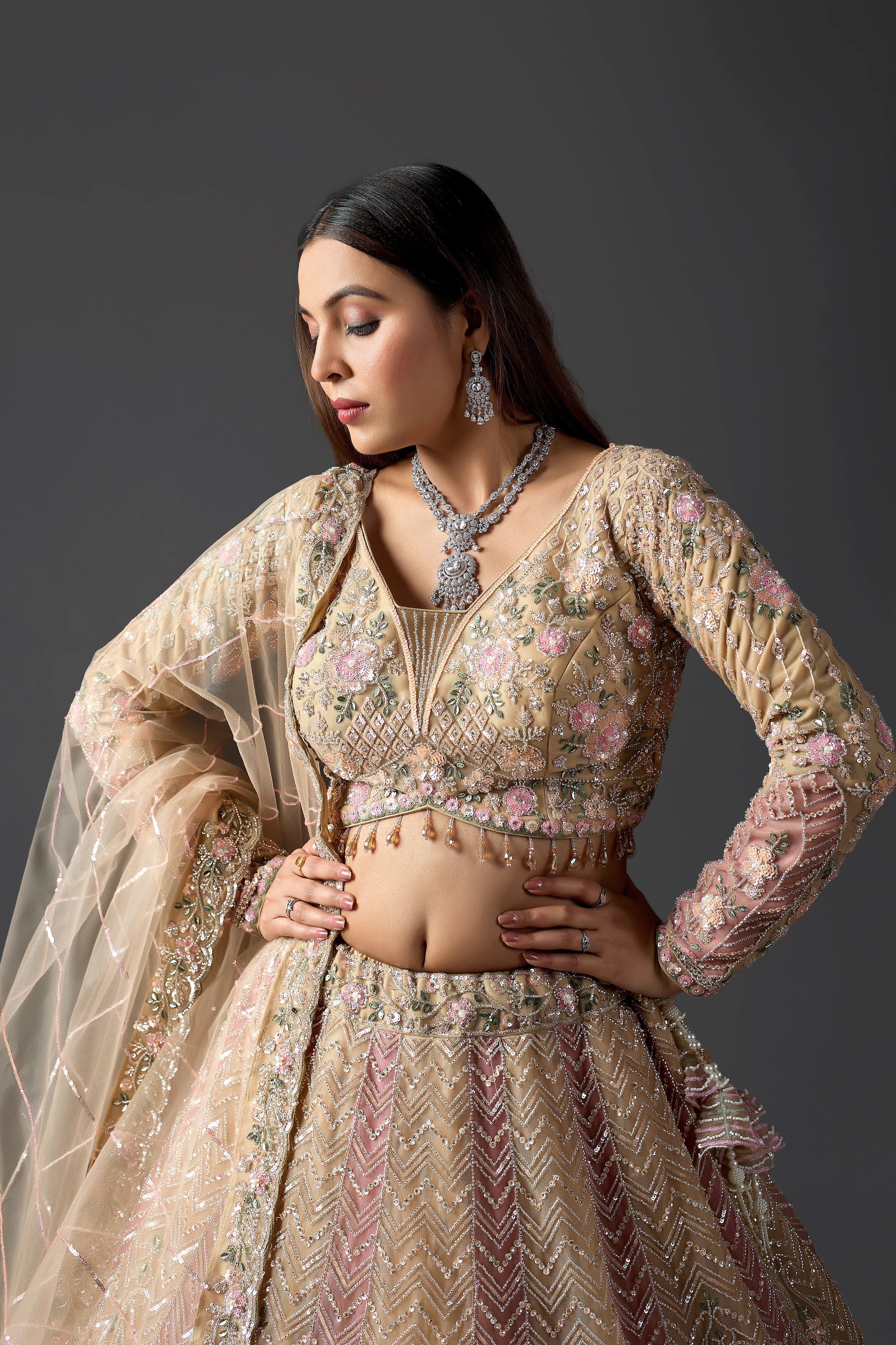 Blush Gold Net Hand-Embroidered Bridal Lehenga Set with Heavy Work Blouse & Dupatta