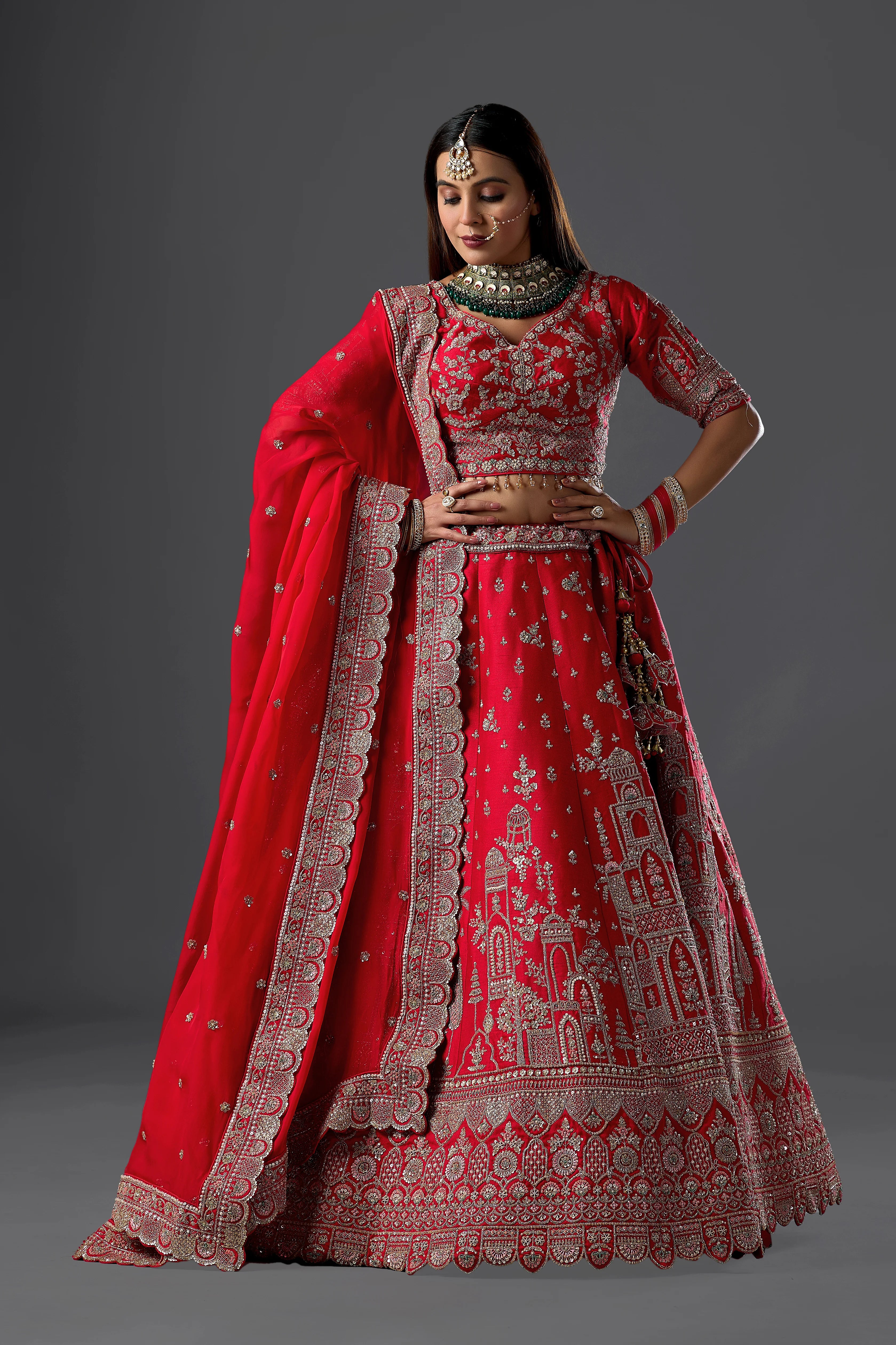 Red Raw Silk Handcrafted Lehenga Set with Intricate Embroidery, Elegant Choli & Dupatta