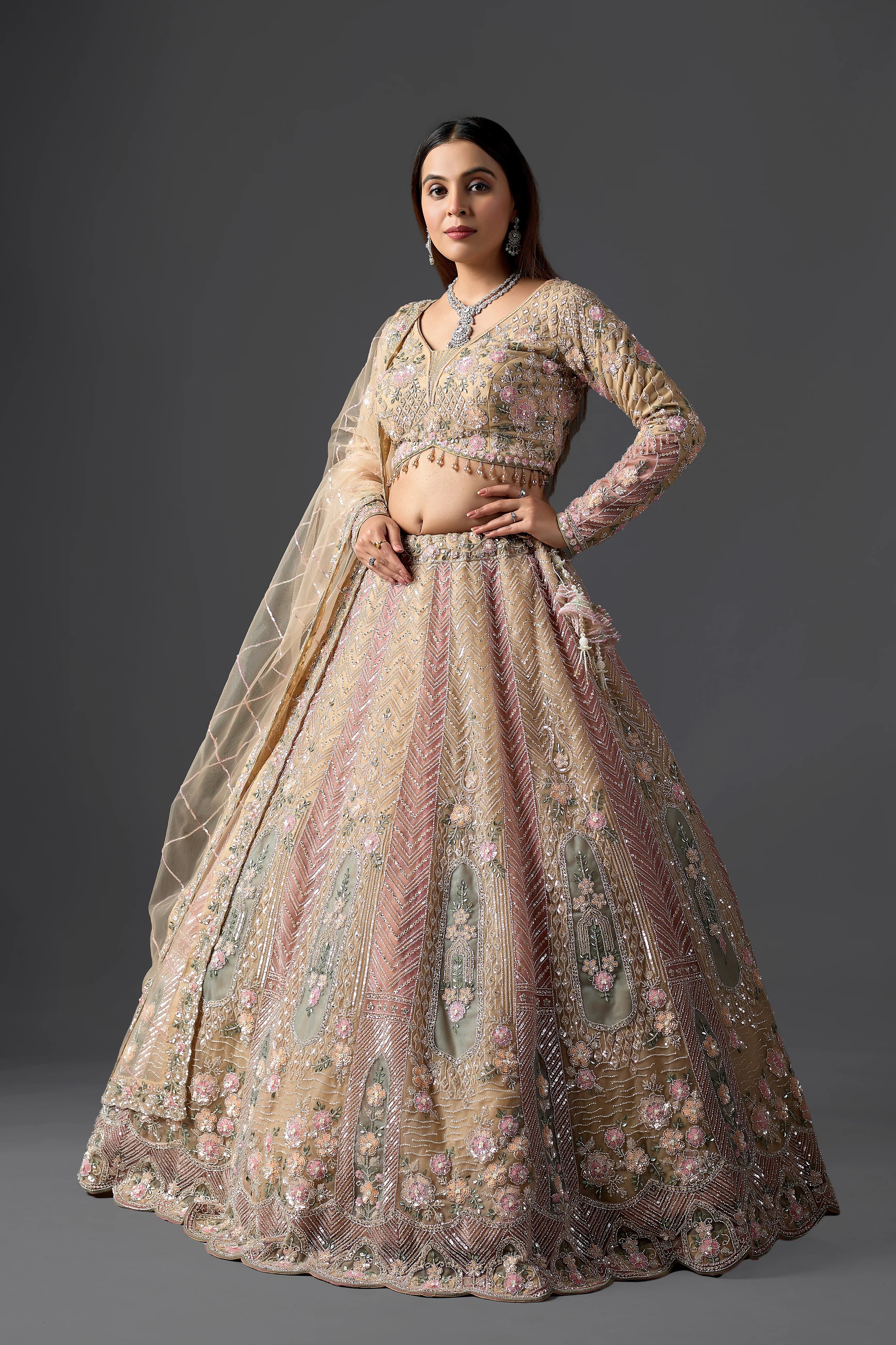 Blush Gold Net Hand-Embroidered Bridal Lehenga Set with Heavy Work Blouse & Dupatta