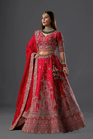 Red Raw Silk Handcrafted Lehenga Set with Intricate Embroidery, Elegant Choli & Dupatta
