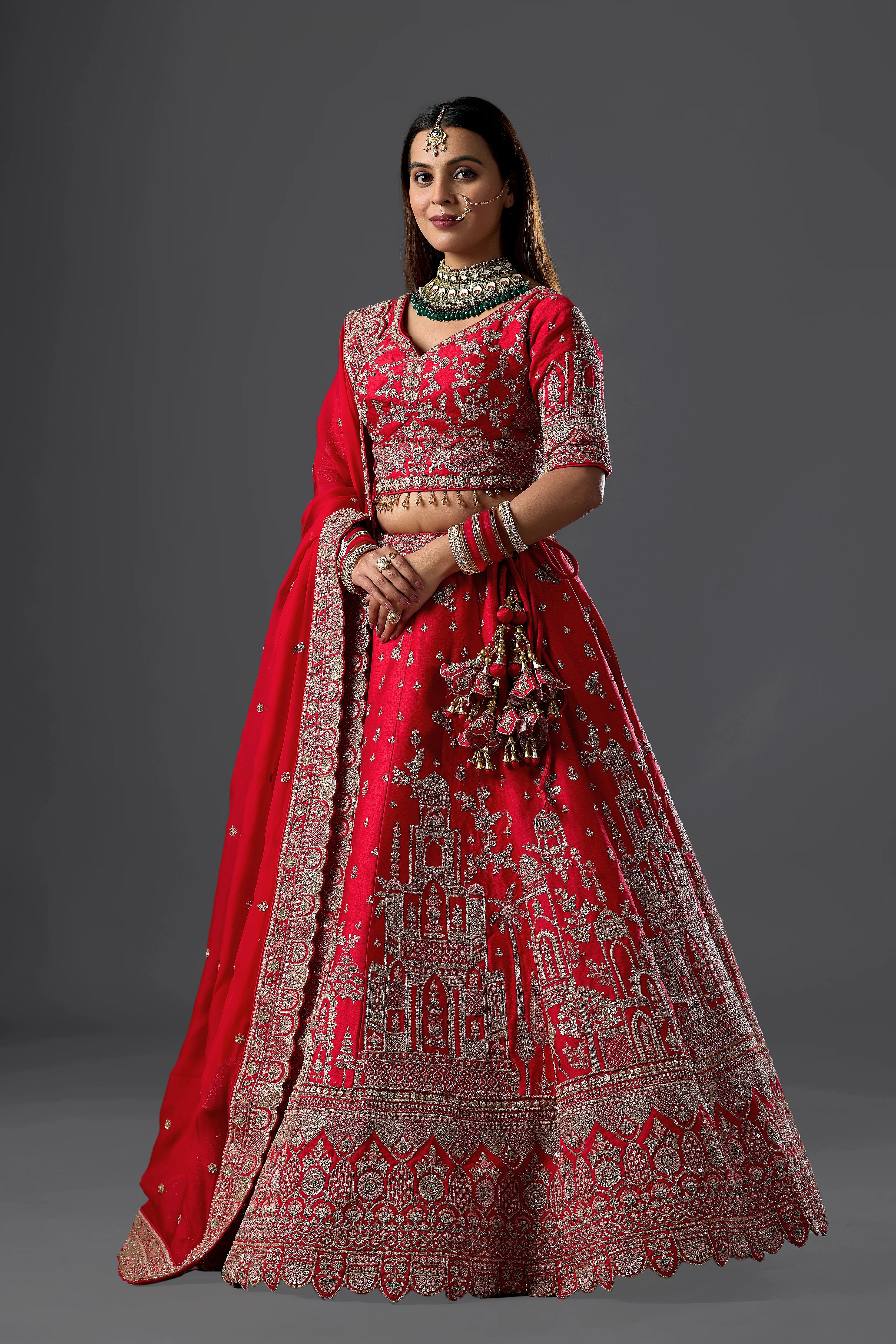 Red Raw Silk Handcrafted Lehenga Set with Intricate Embroidery, Elegant Choli & Dupatta