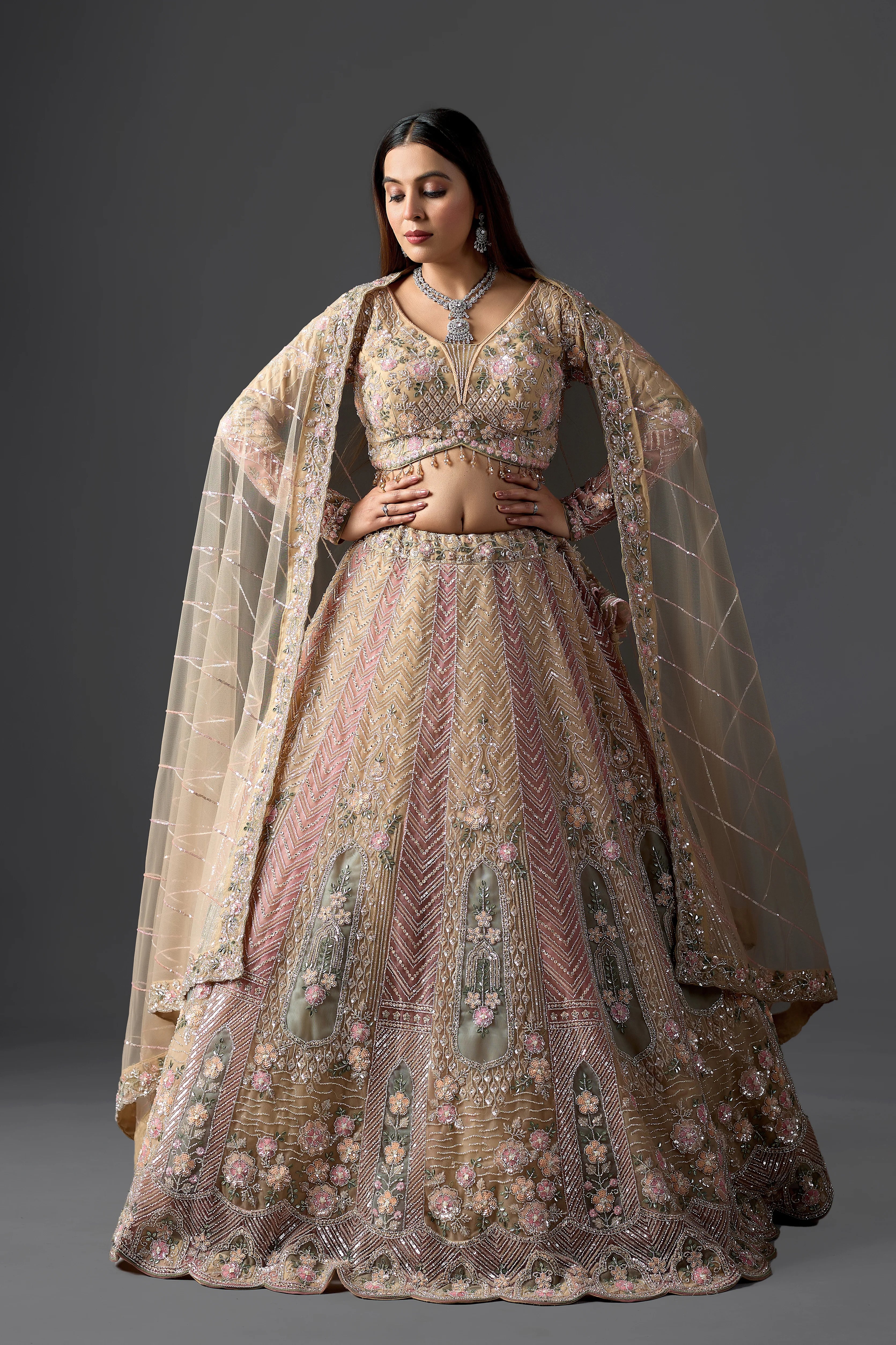 Blush Gold Net Hand-Embroidered Bridal Lehenga Set with Heavy Work Blouse & Dupatta