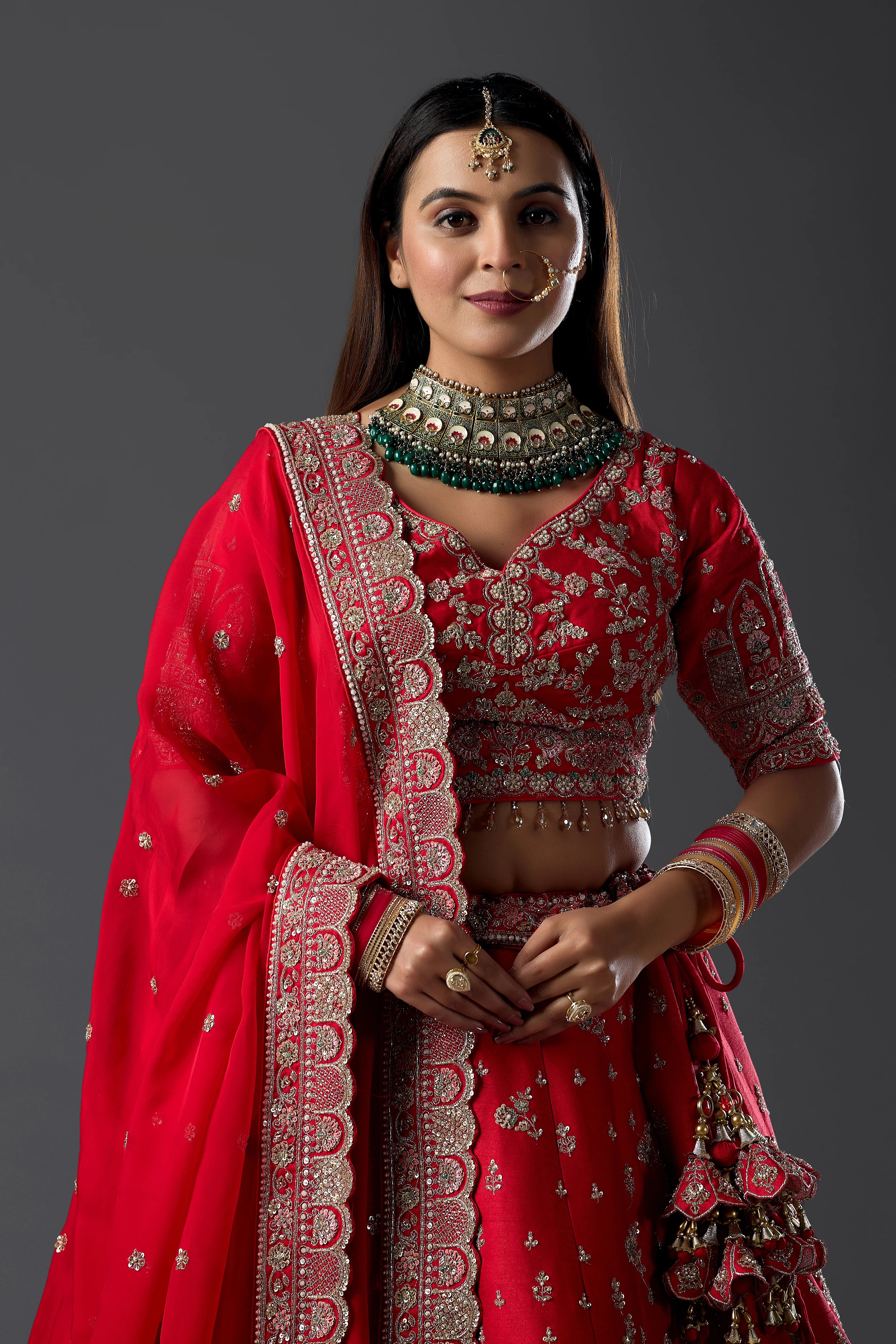 Red Raw Silk Handcrafted Lehenga Set with Intricate Embroidery, Elegant Choli & Dupatta