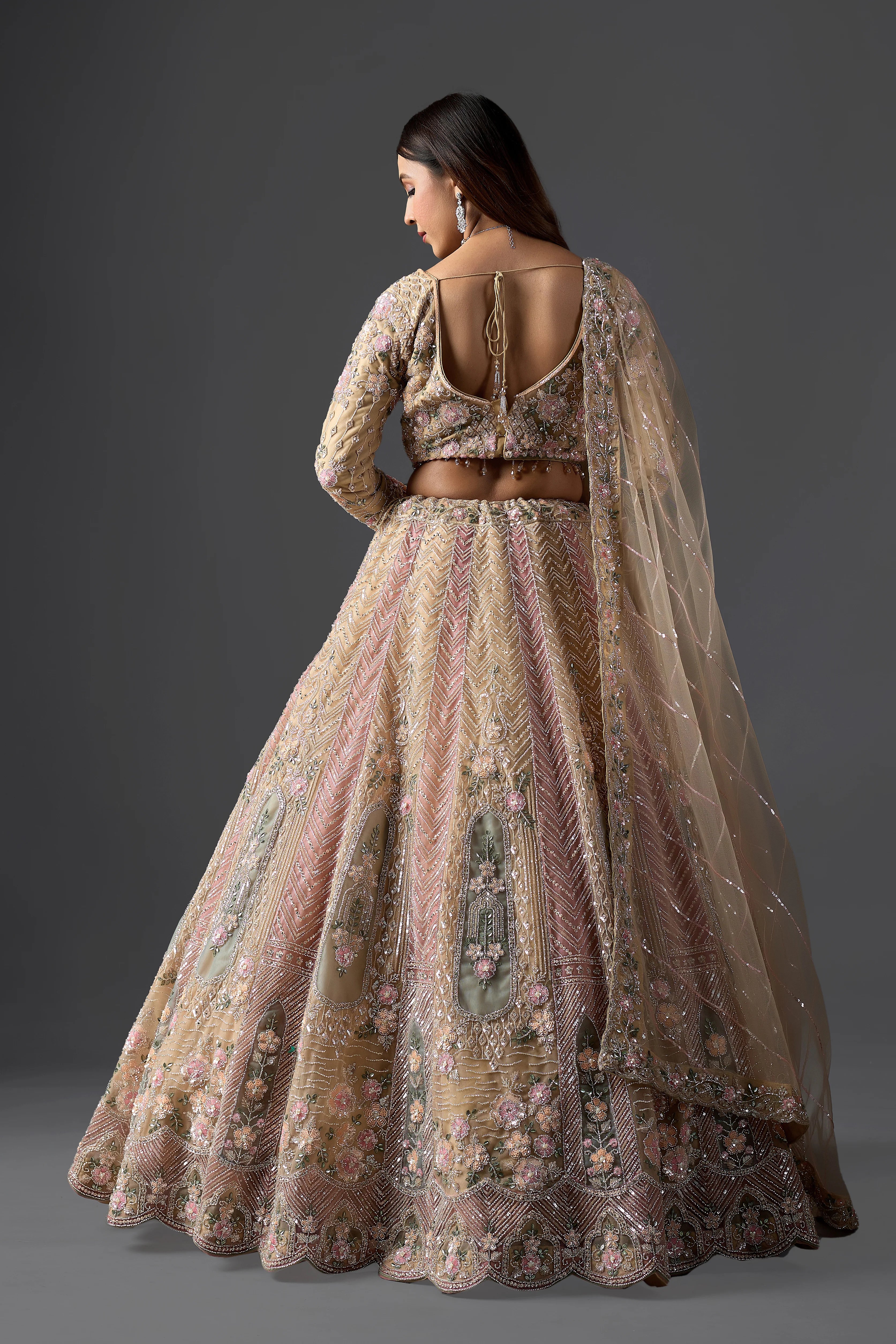 Blush Gold Net Hand-Embroidered Bridal Lehenga Set with Heavy Work Blouse & Dupatta