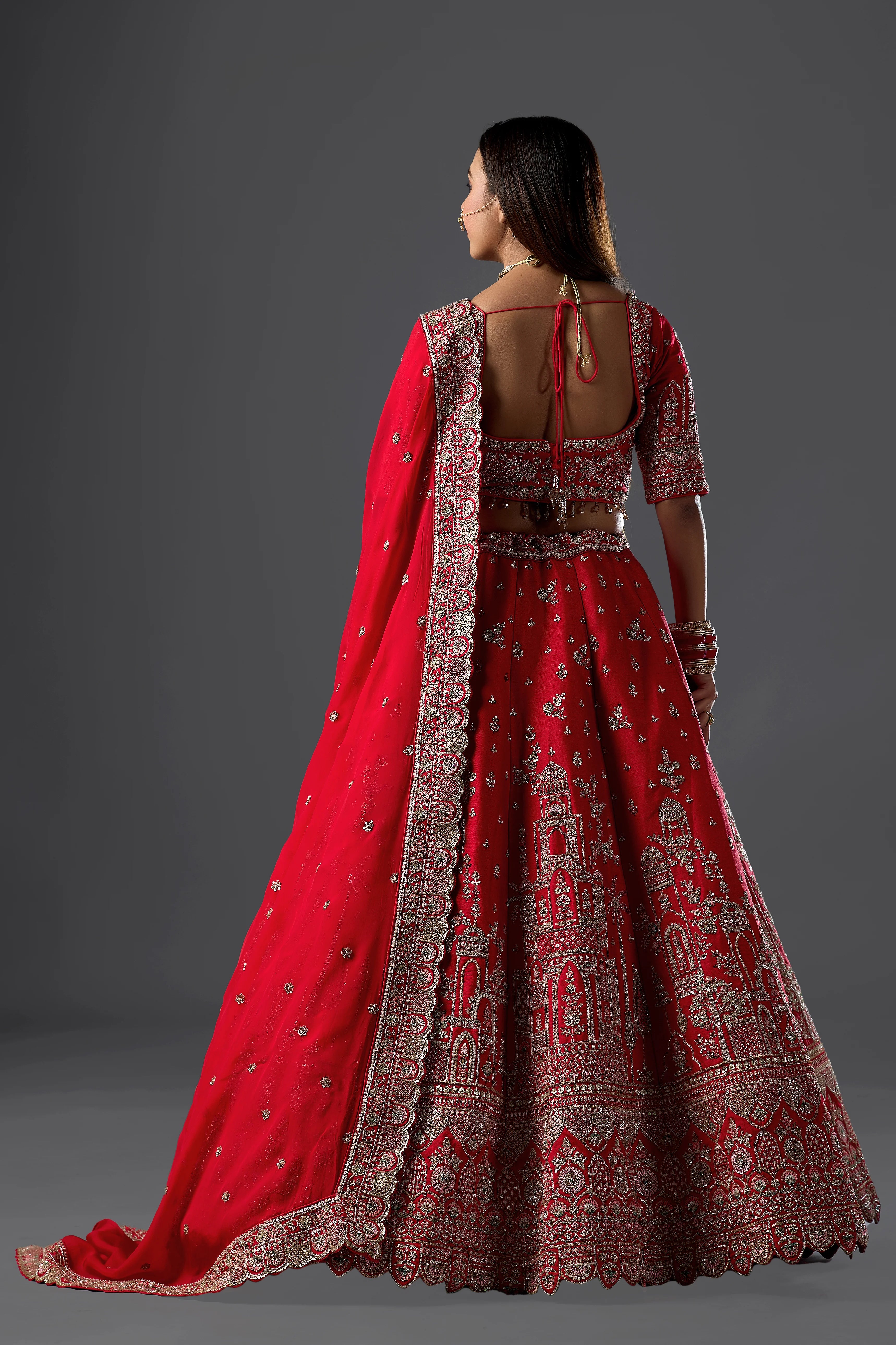 Red Raw Silk Handcrafted Lehenga Set with Intricate Embroidery, Elegant Choli & Dupatta