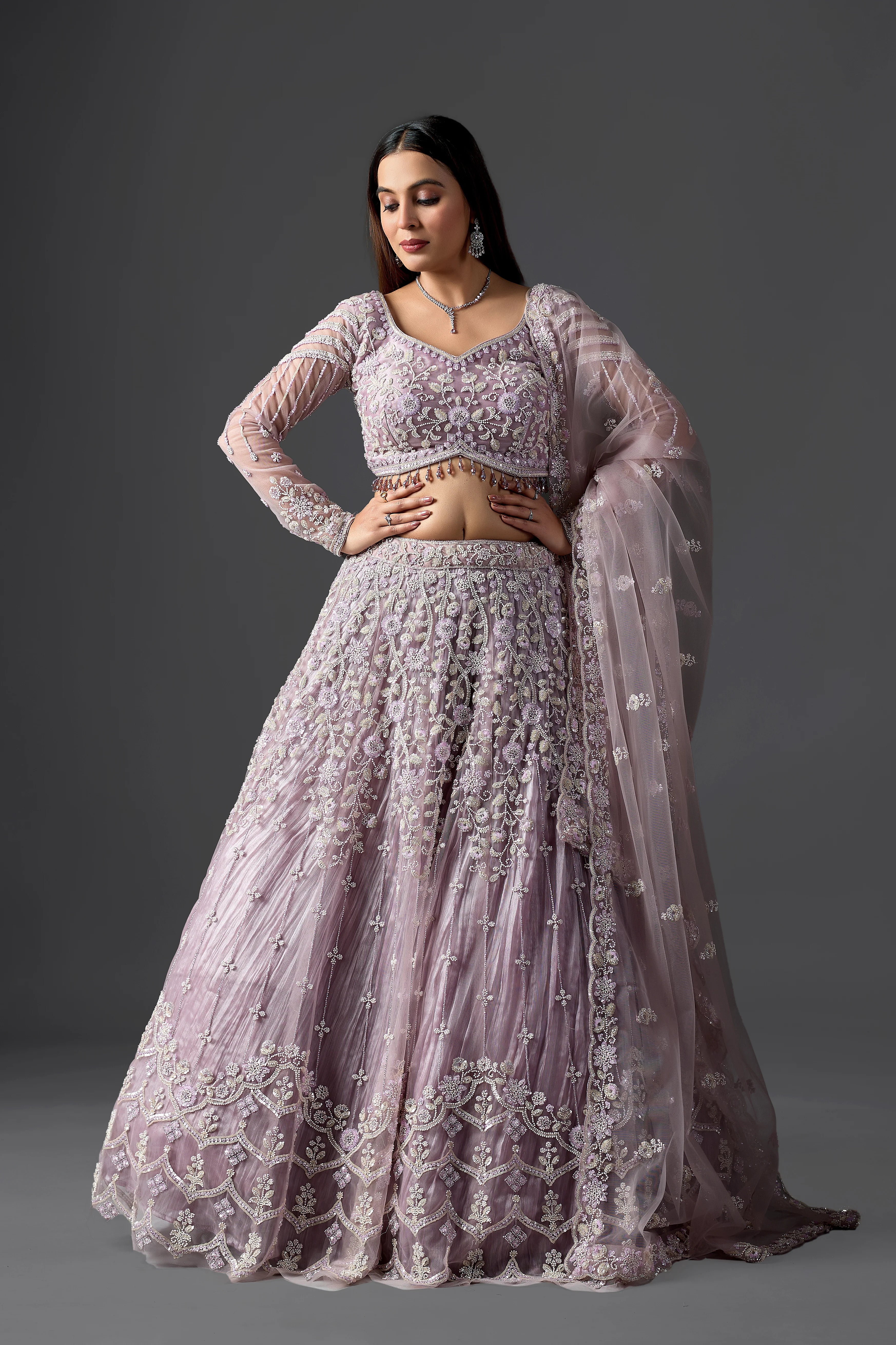 Lavender Net Handcrafted Lehenga Choli Set with Heavy Beads & Stones Work