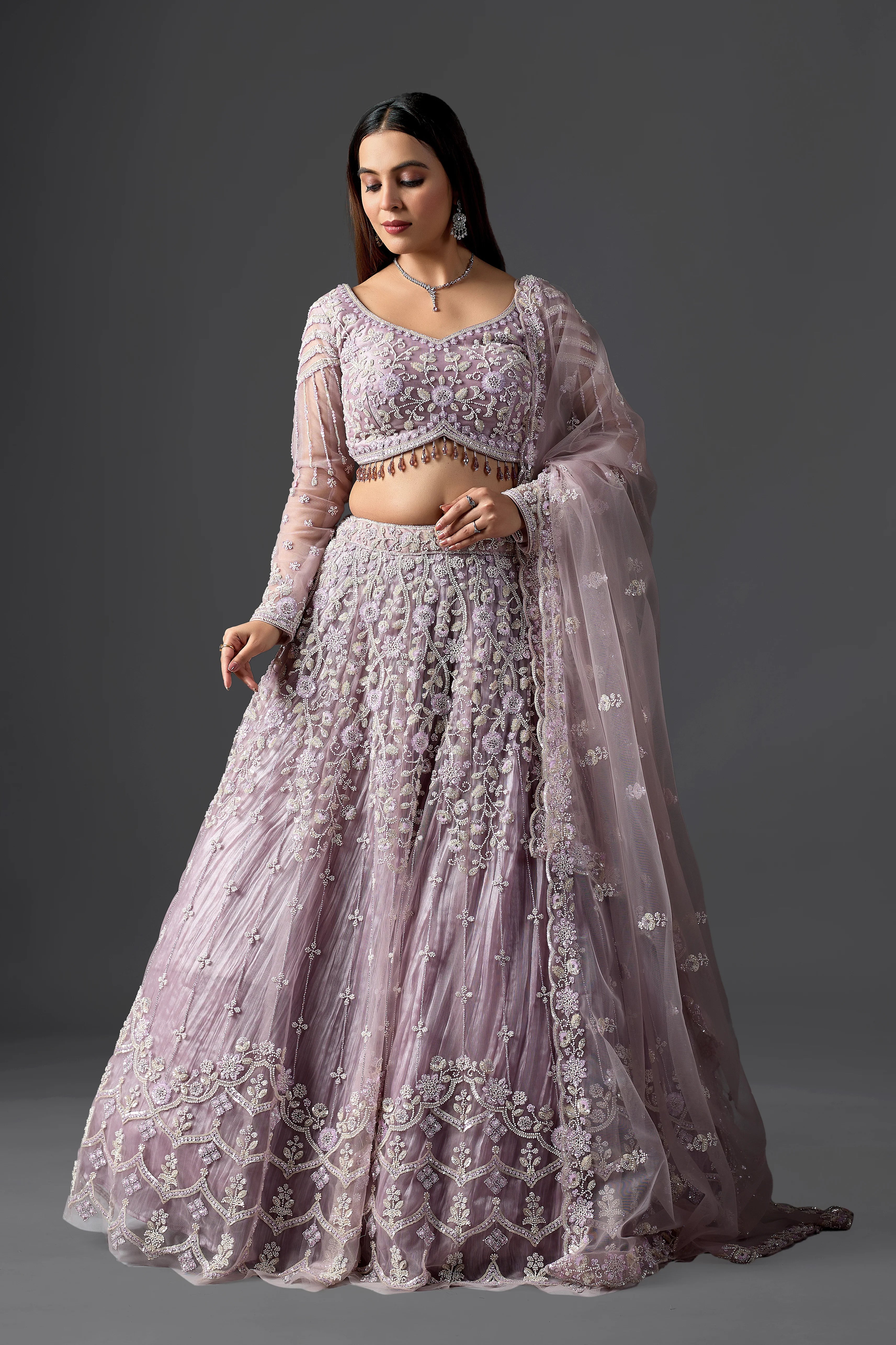 Lavender Net Handcrafted Lehenga Choli Set with Heavy Beads & Stones Work