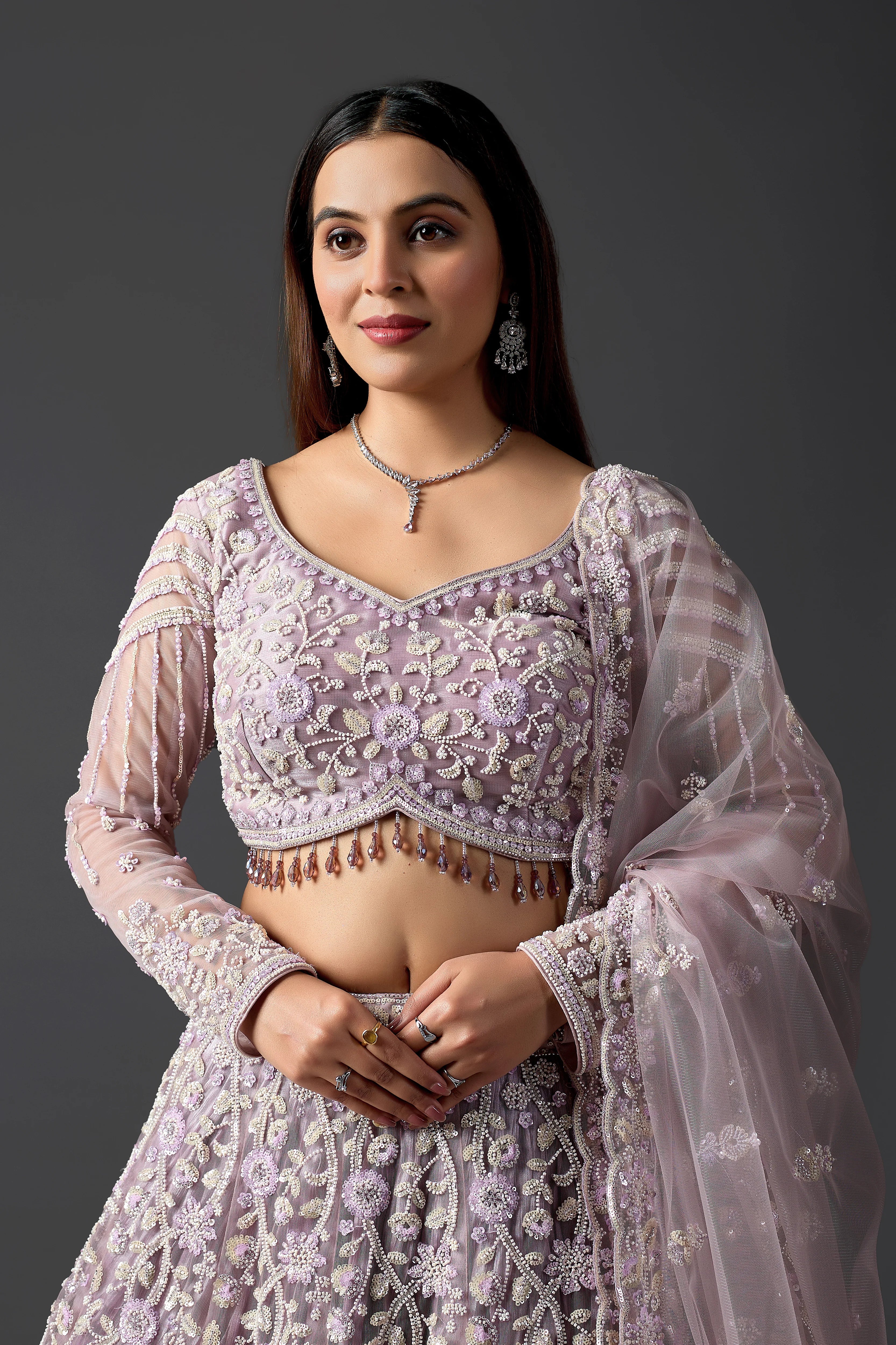 Lavender Net Handcrafted Lehenga Choli Set with Heavy Beads & Stones Work