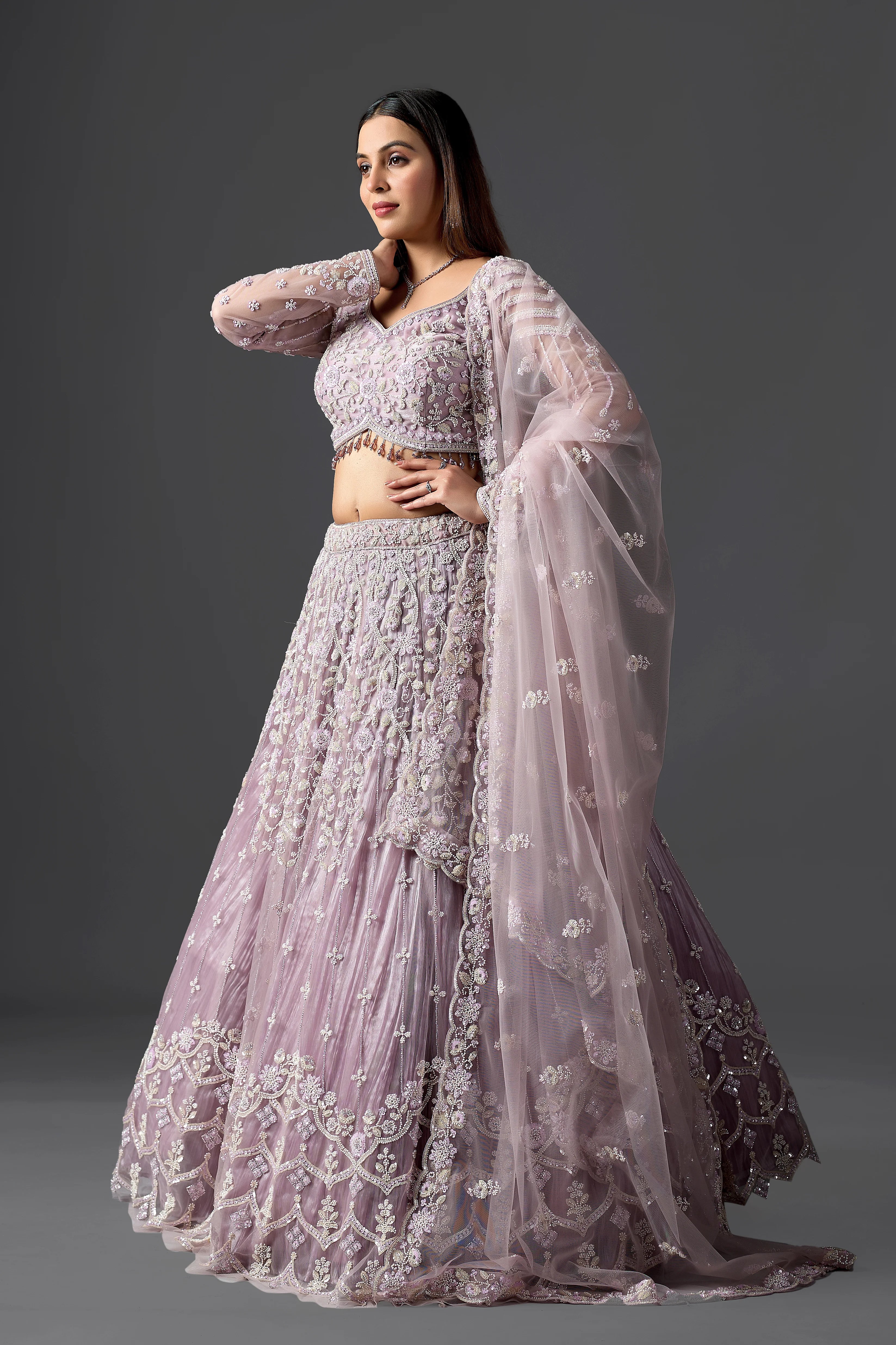 Lavender Net Handcrafted Lehenga Choli Set with Heavy Beads & Stones Work