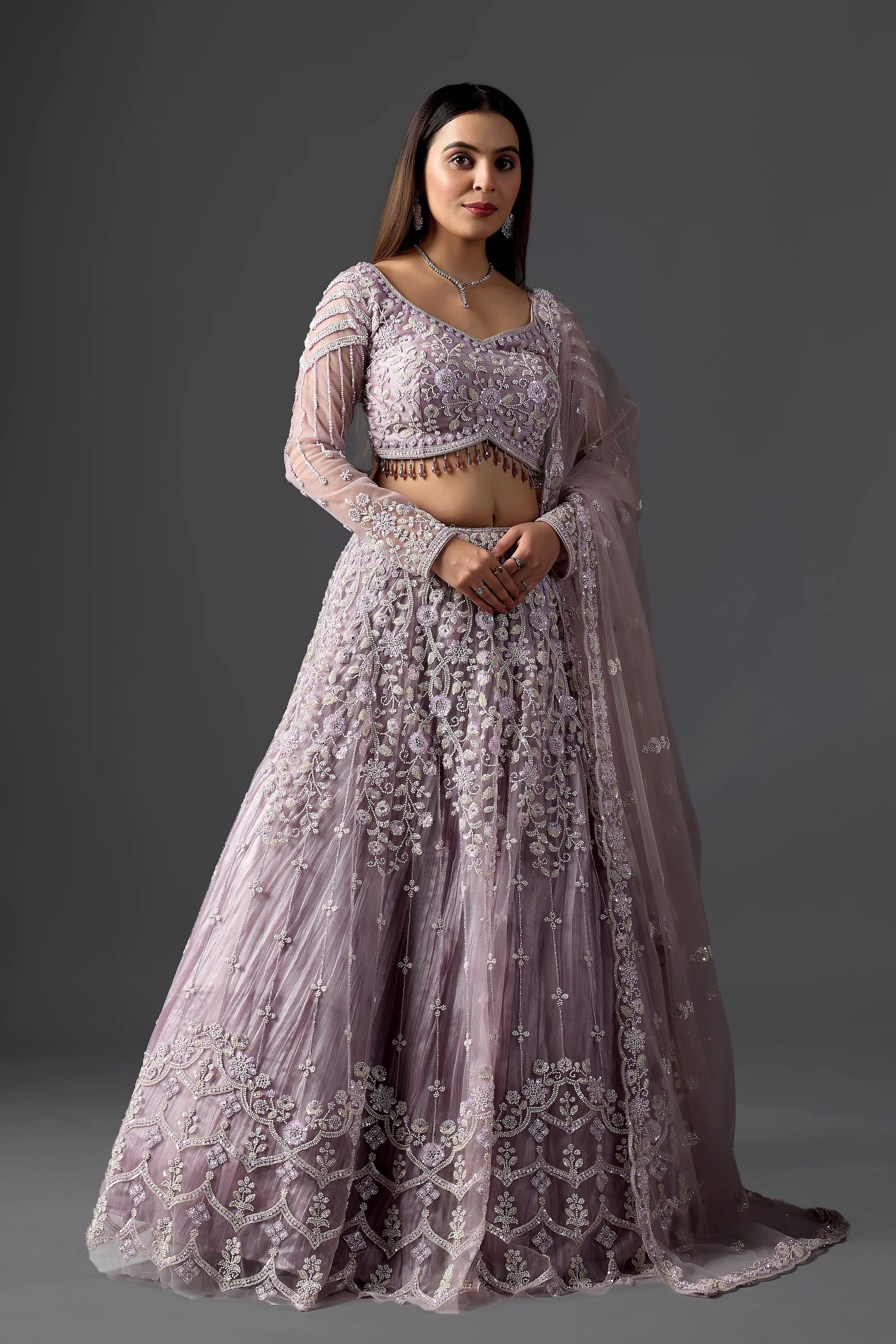Lavender Net Handcrafted Lehenga Choli Set with Heavy Beads & Stones Work