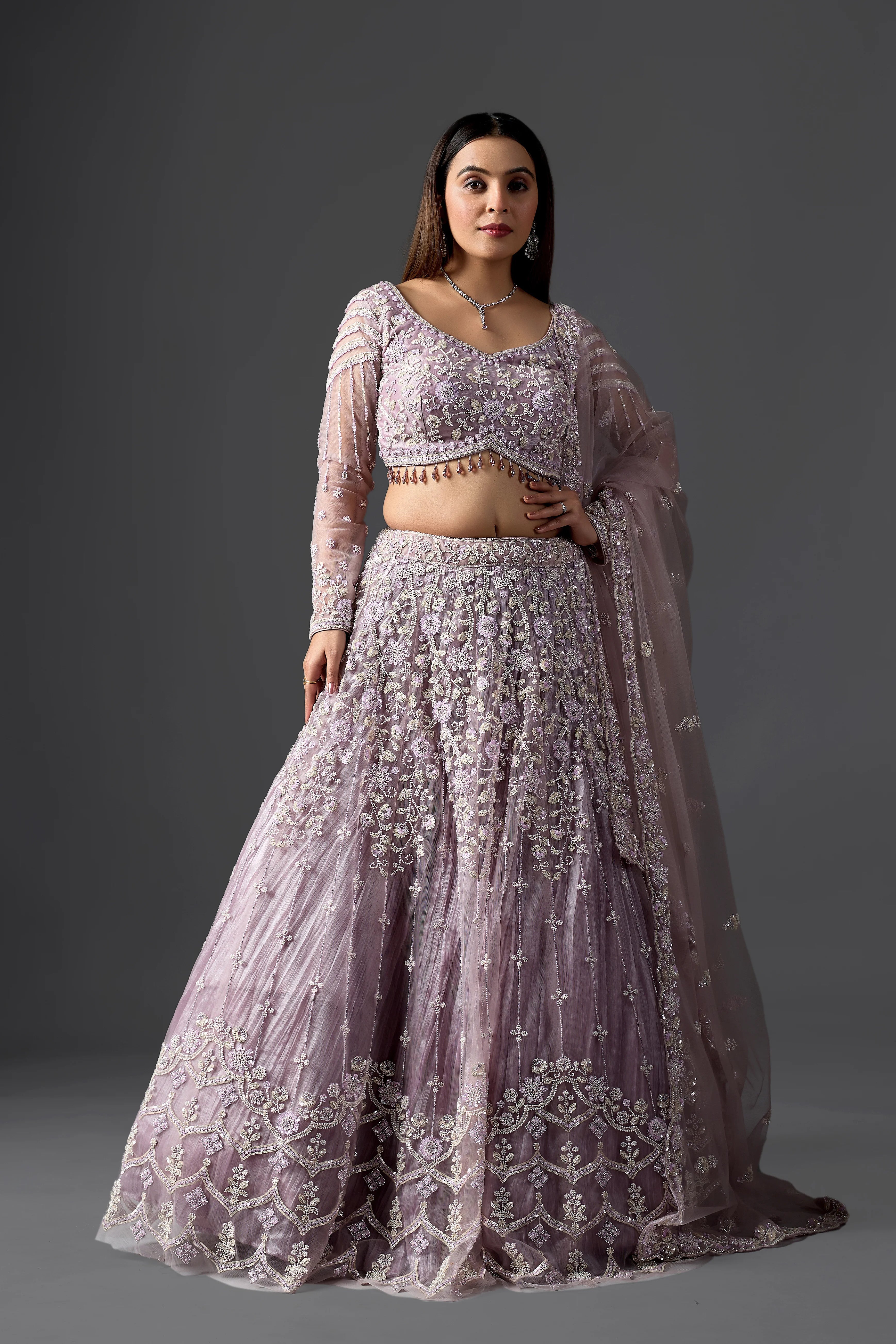 Lavender Net Handcrafted Lehenga Choli Set with Heavy Beads & Stones Work