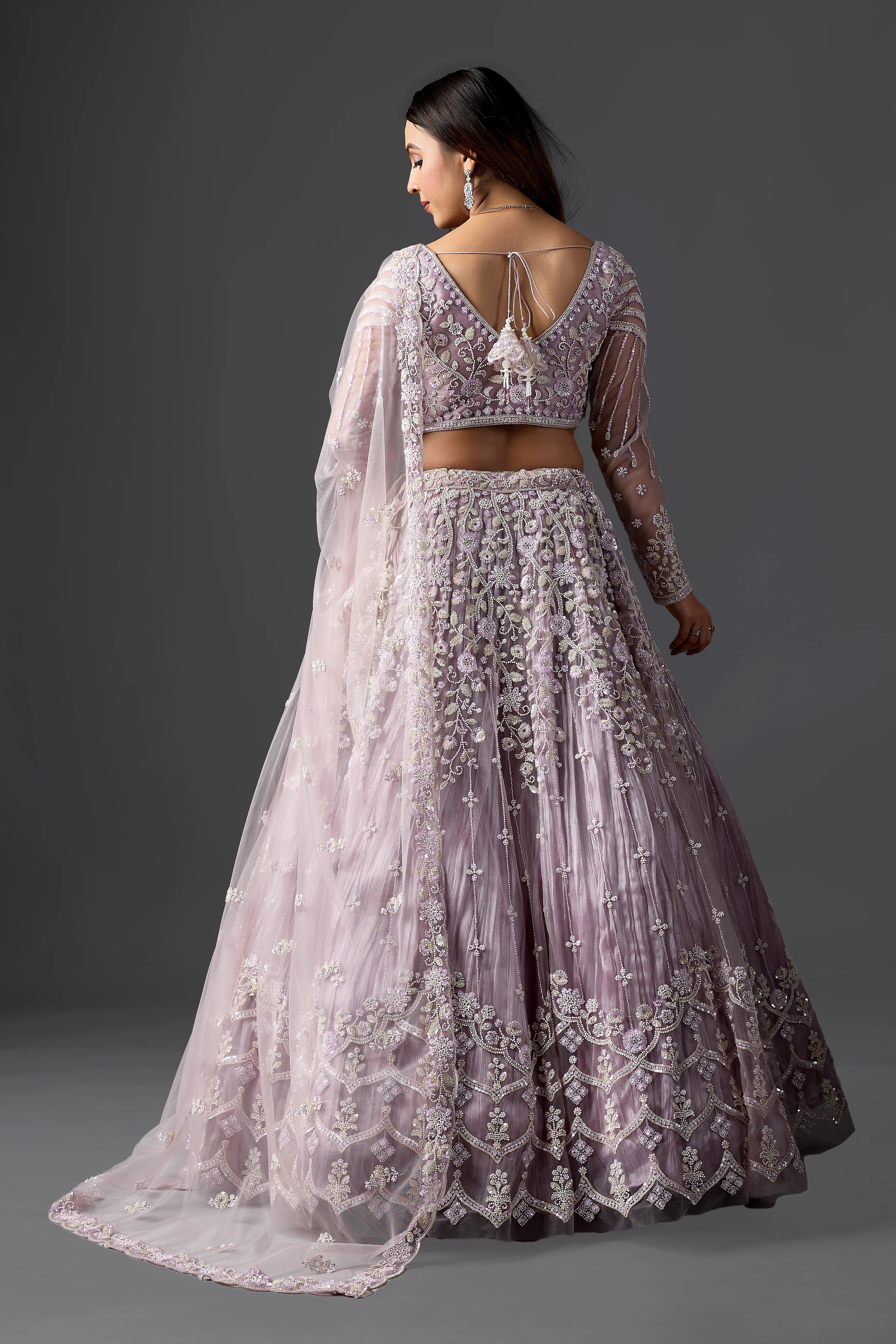 Lavender Net Handcrafted Lehenga Choli Set with Heavy Beads & Stones Work
