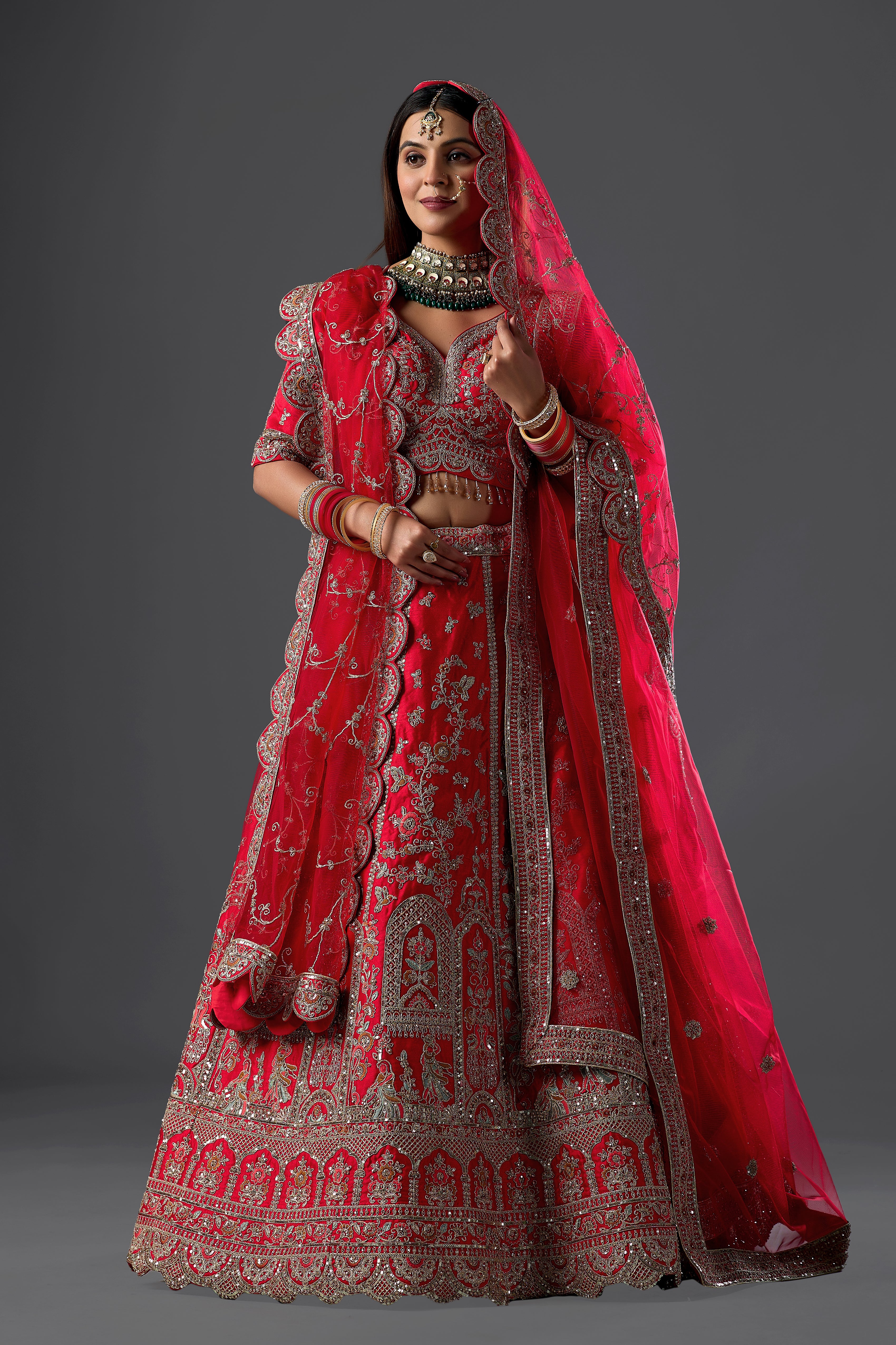 Red Silk Bridal Lehenga Set with Two  Dupatta