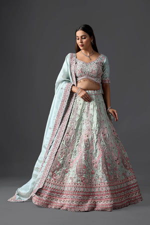 Designer Sky Blue Tissue Lehenga Choli Set with Intricate Embroidery and Matching Dupatta for Weddings & Parties