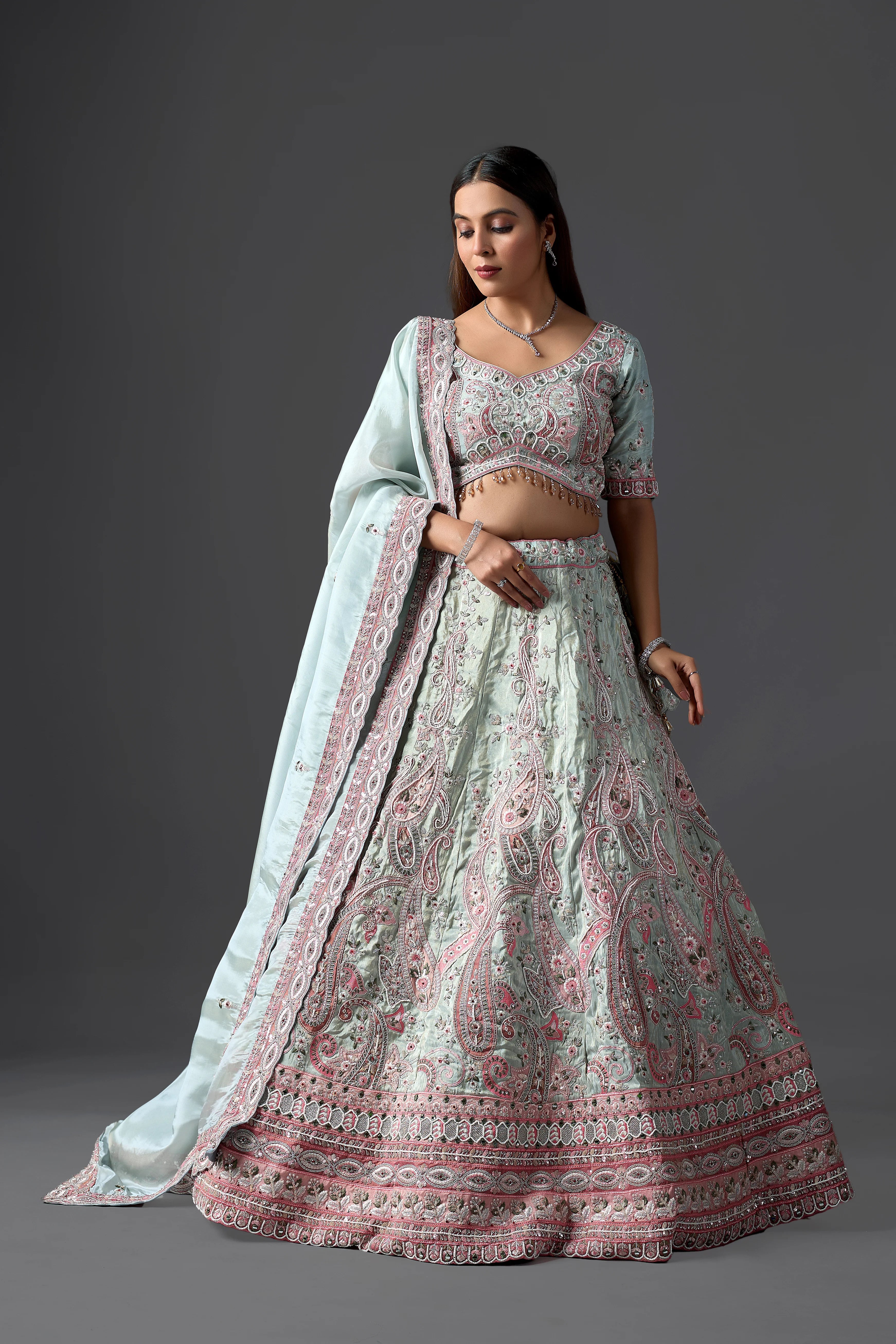 Designer Sky Blue Tissue Lehenga Choli Set with Intricate Embroidery and Matching Dupatta for Weddings & Parties