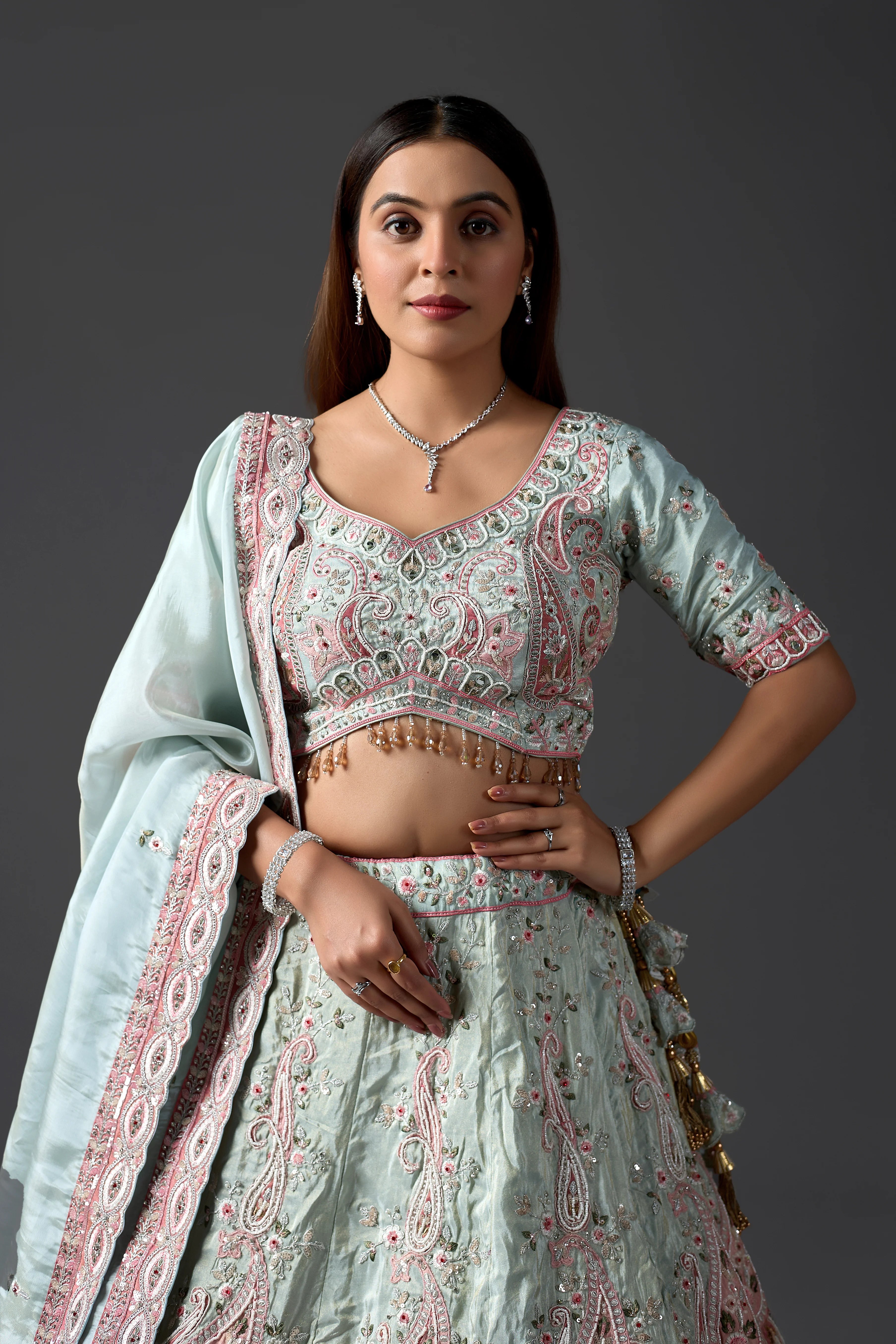 Designer Sky Blue Tissue Lehenga Choli Set with Intricate Embroidery and Matching Dupatta for Weddings & Parties