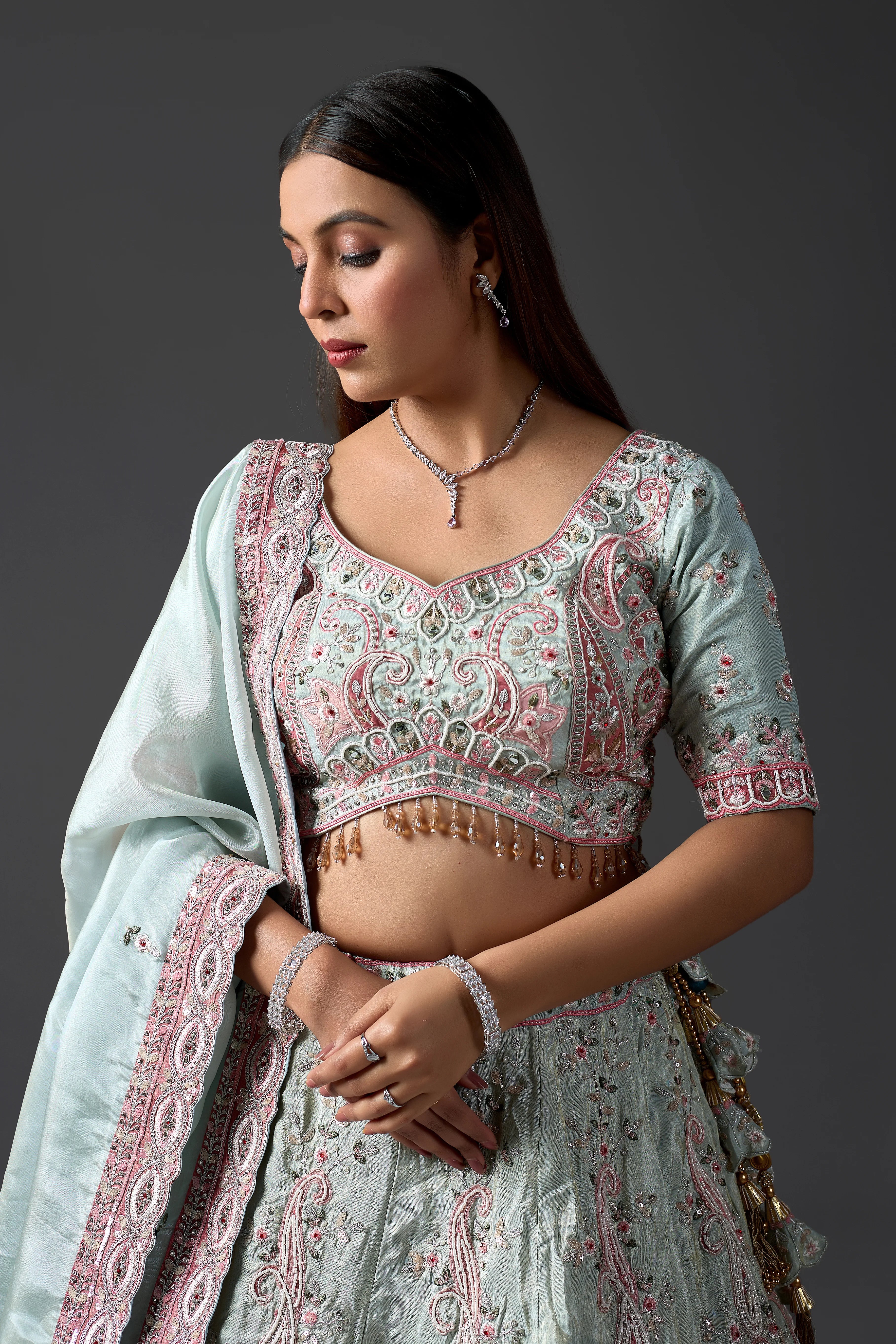 Designer Sky Blue Tissue Lehenga Choli Set with Intricate Embroidery and Matching Dupatta for Weddings & Parties