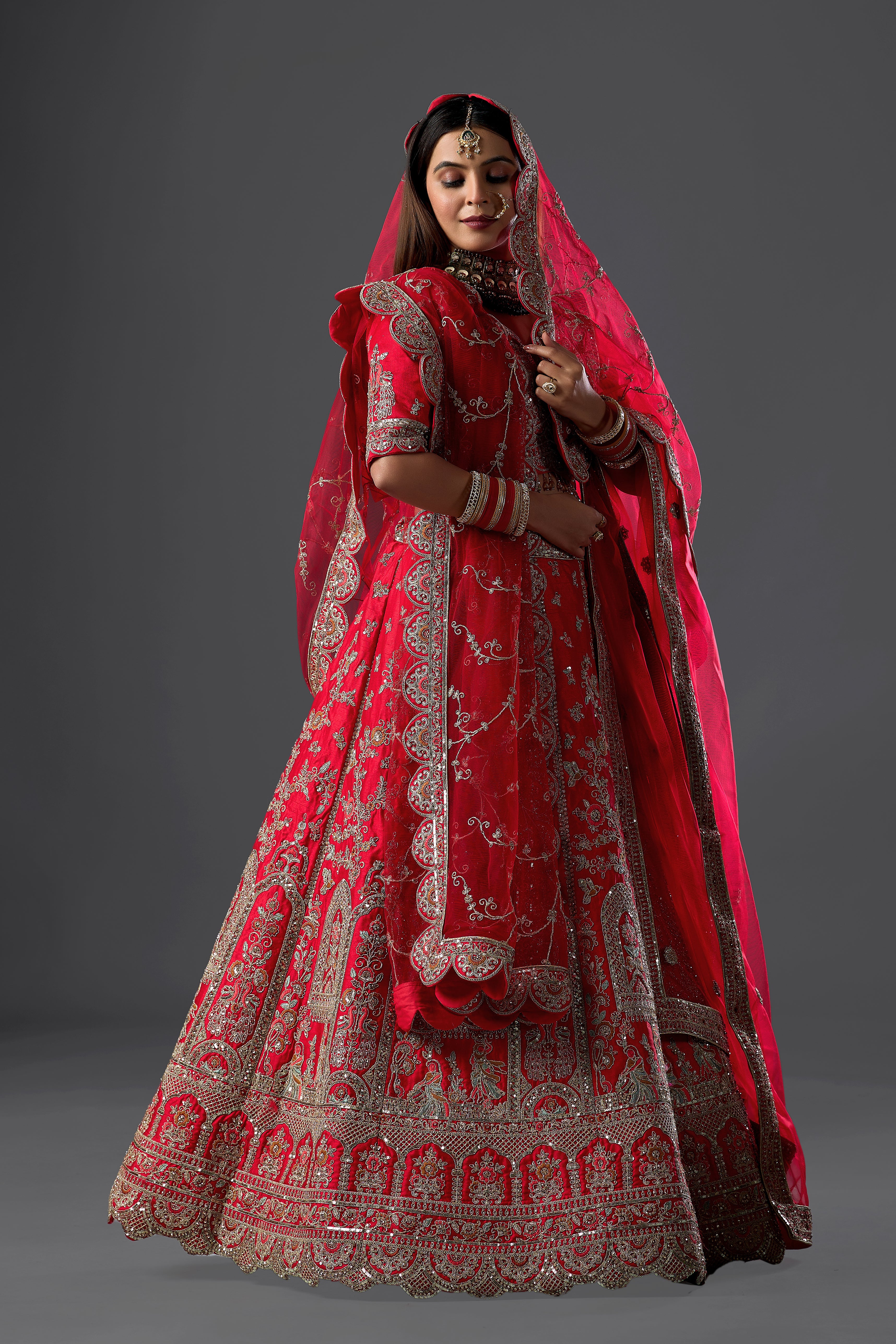 Red Silk Bridal Lehenga Set with Two  Dupatta