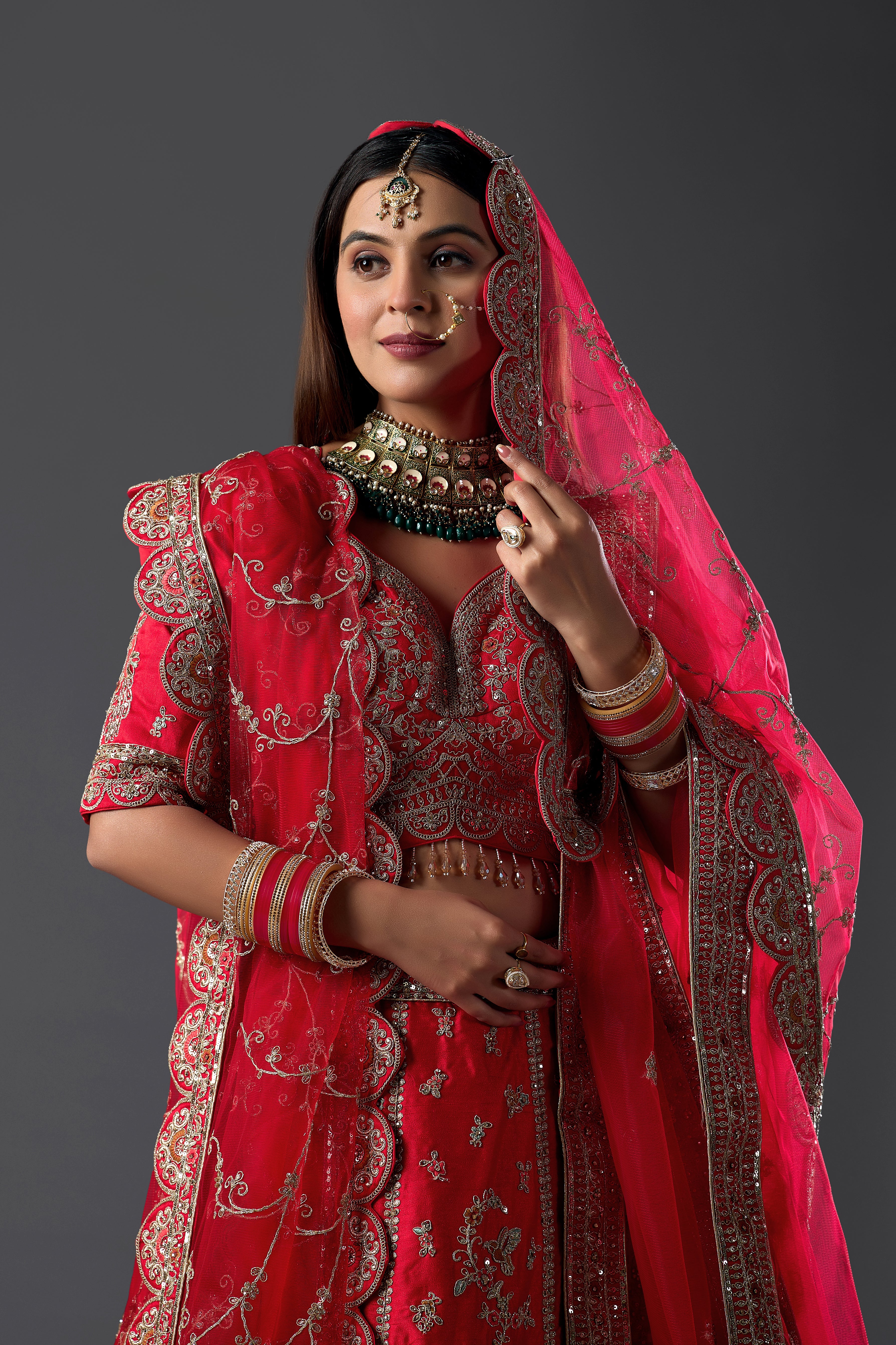 Red Silk Bridal Lehenga Set with Two  Dupatta