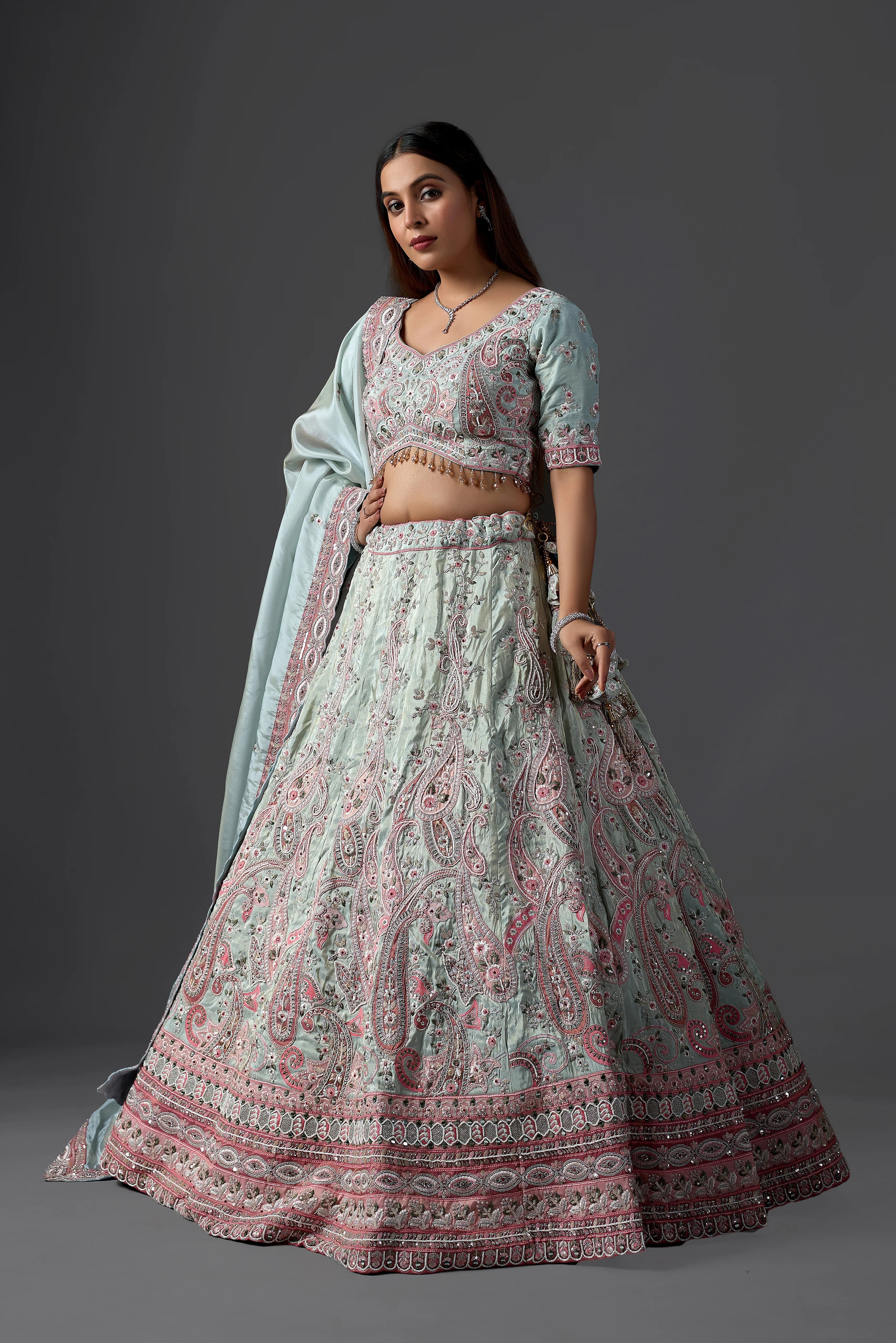 Designer Sky Blue Tissue Lehenga Choli Set with Intricate Embroidery and Matching Dupatta for Weddings & Parties