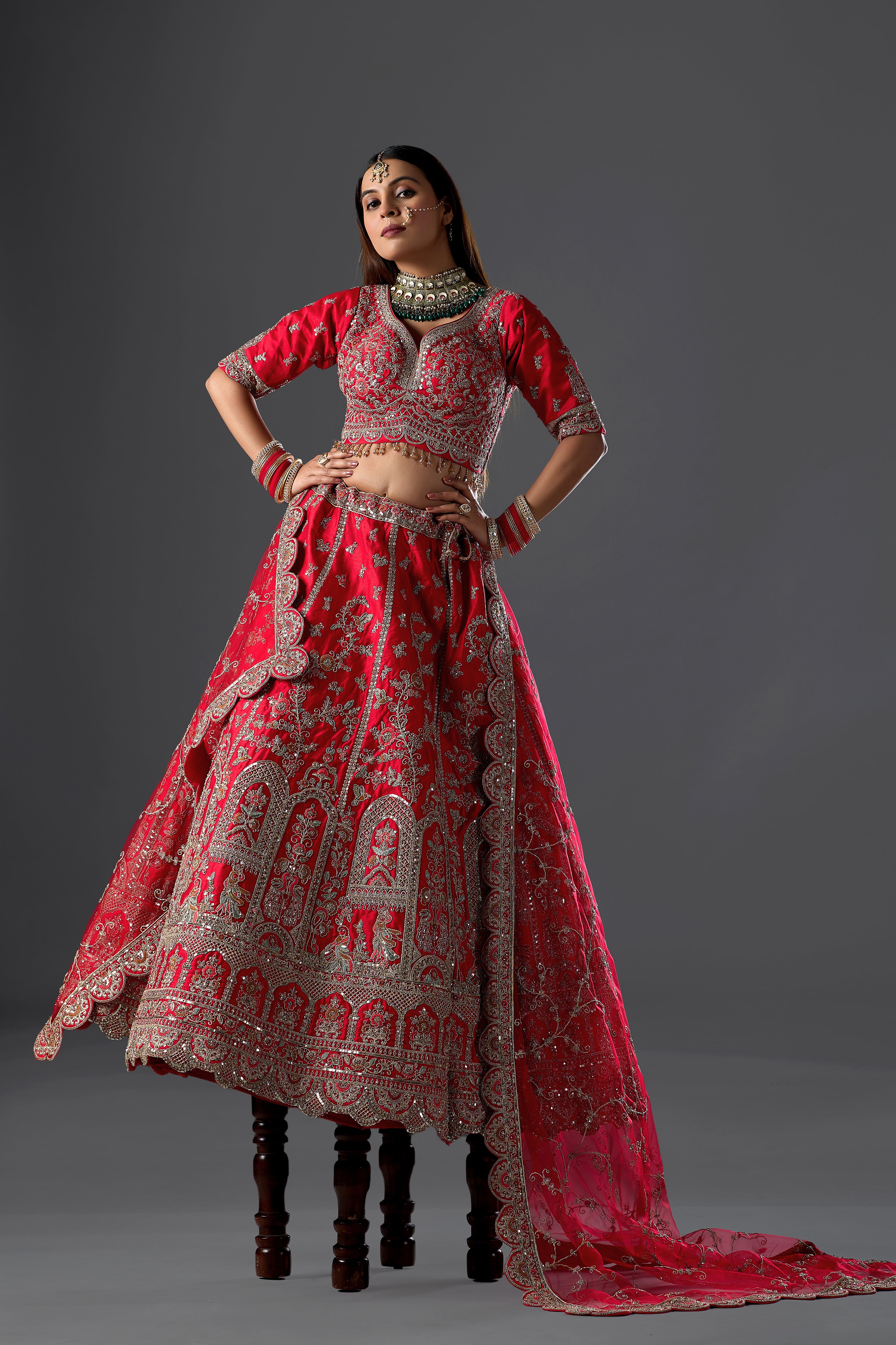 Red Silk Bridal Lehenga Set with Two  Dupatta