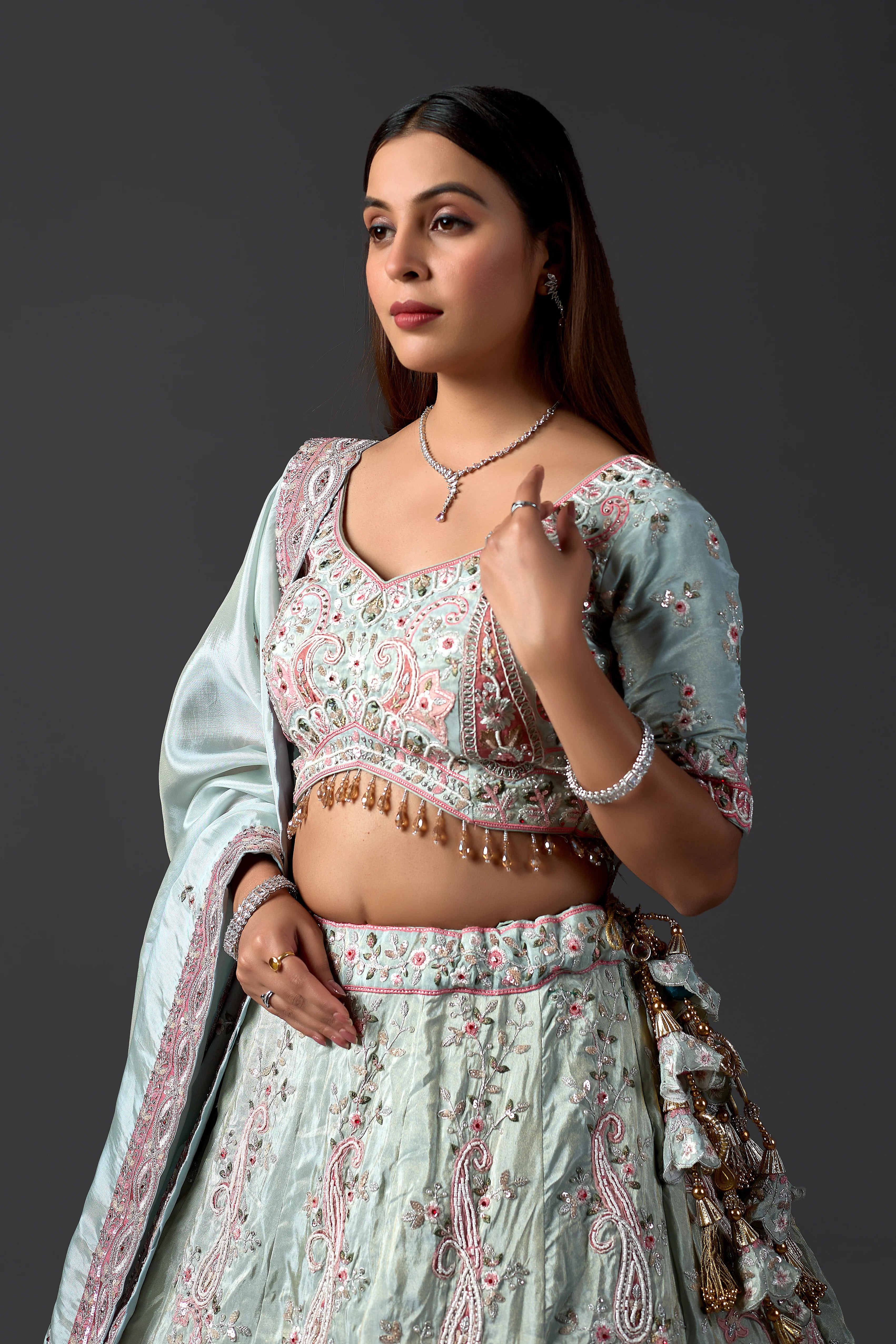 Designer Sky Blue Tissue Lehenga Choli Set with Intricate Embroidery and Matching Dupatta for Weddings & Parties