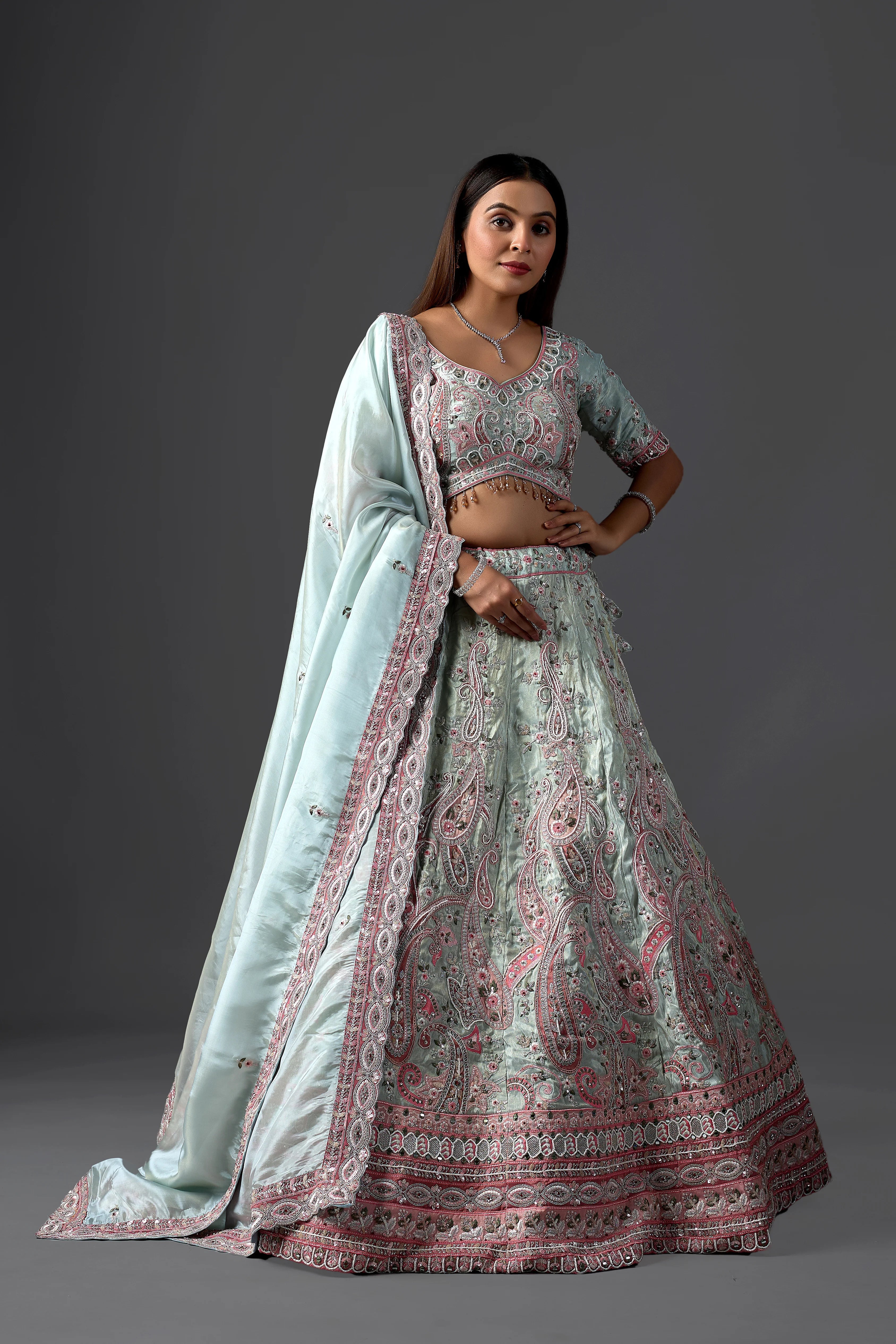Designer Sky Blue Tissue Lehenga Choli Set with Intricate Embroidery and Matching Dupatta for Weddings & Parties