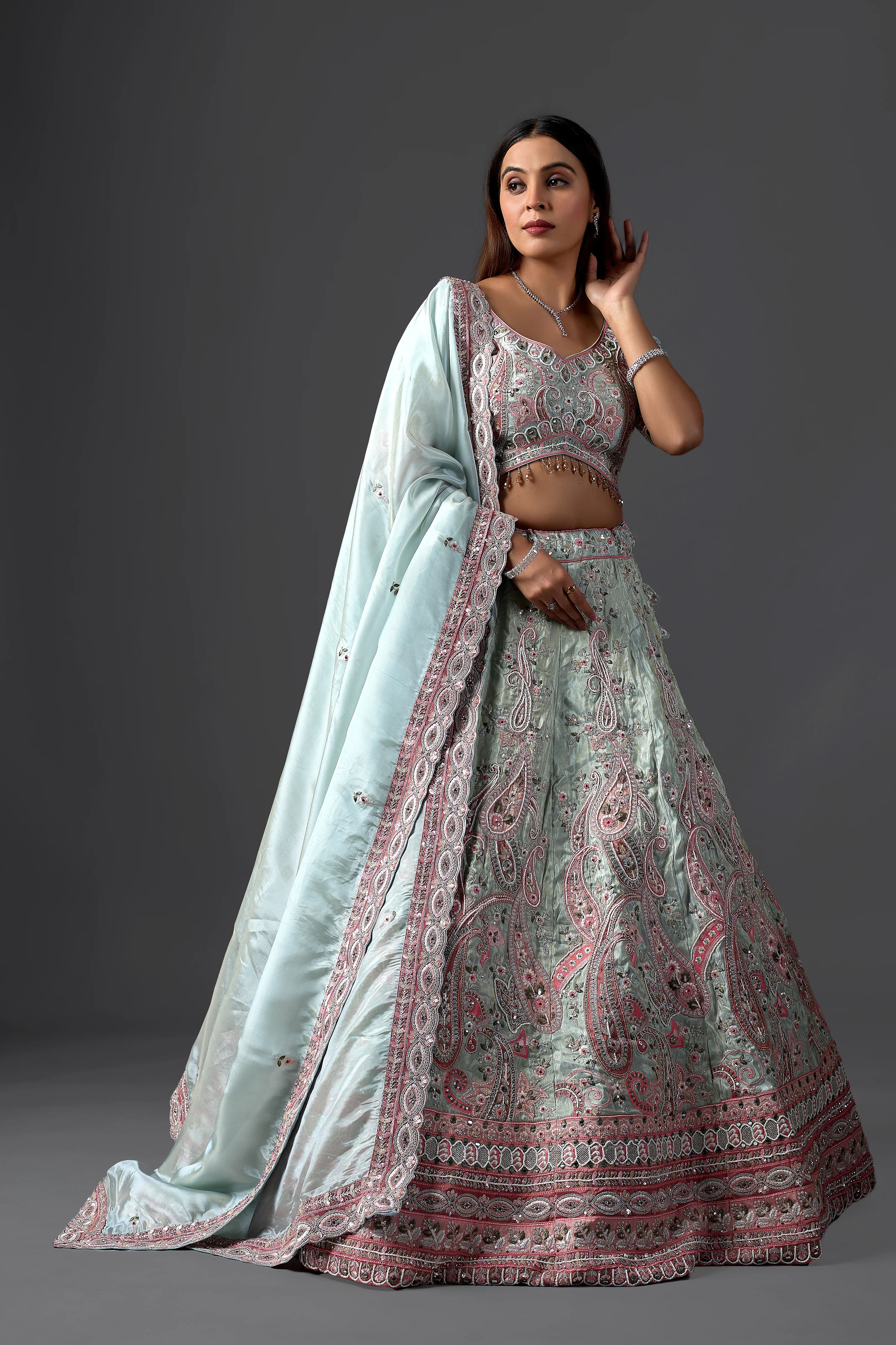 Designer Sky Blue Tissue Lehenga Choli Set with Intricate Embroidery and Matching Dupatta for Weddings & Parties