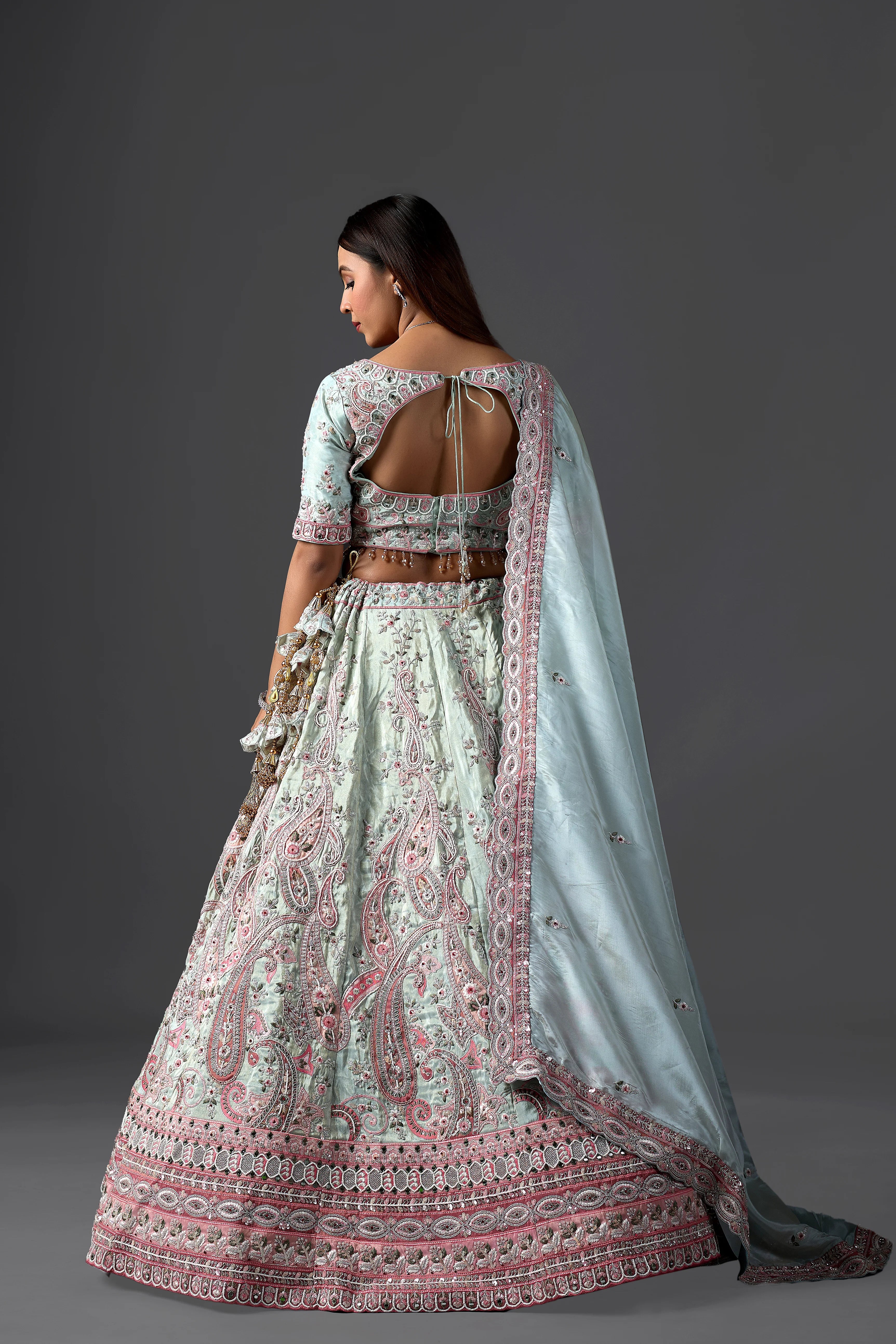 Designer Sky Blue Tissue Lehenga Choli Set with Intricate Embroidery and Matching Dupatta for Weddings & Parties