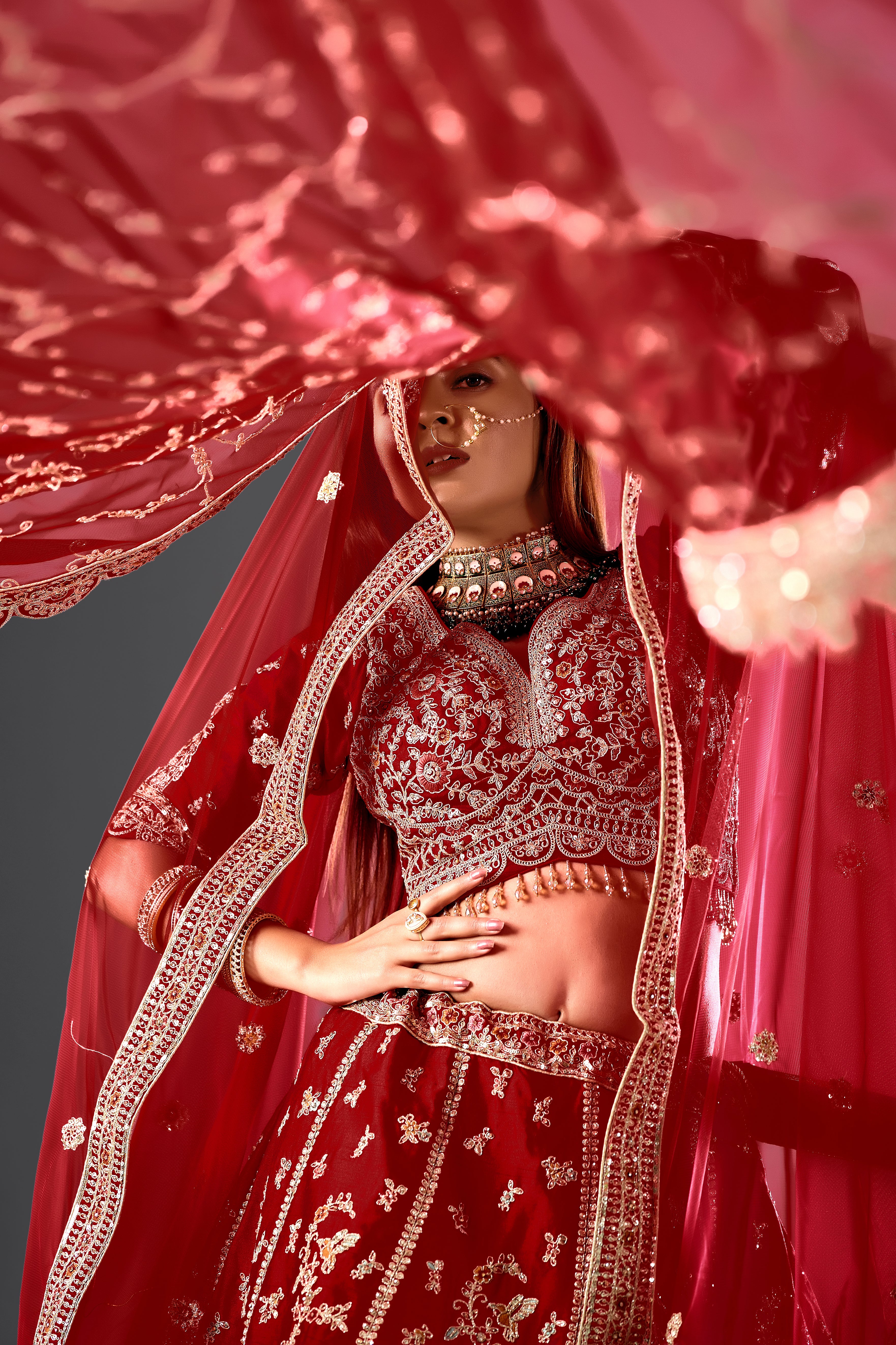 Red Silk Bridal Lehenga Set with Two  Dupatta