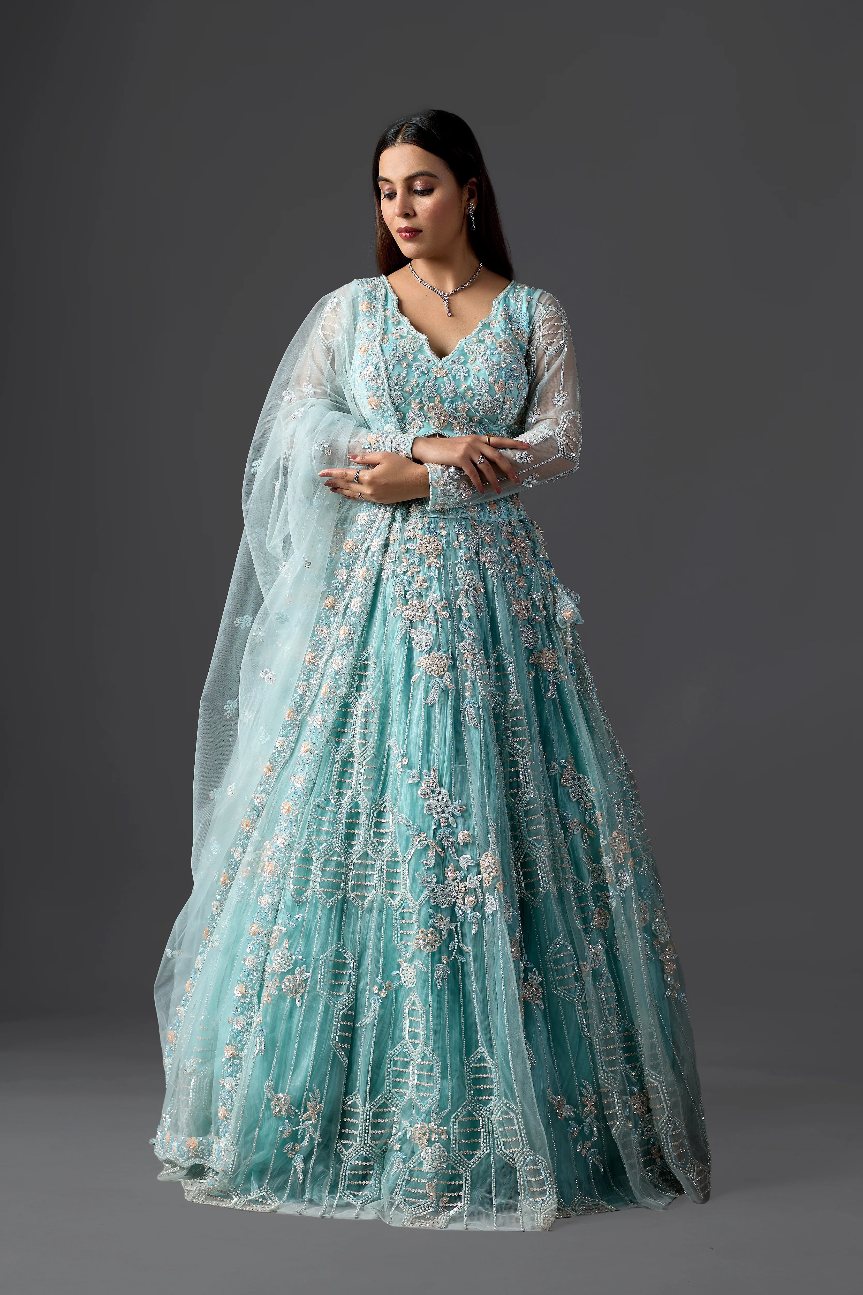 Sky Blue Net Embroidered Lehenga Choli Set with heavy Blouse & Dupatta