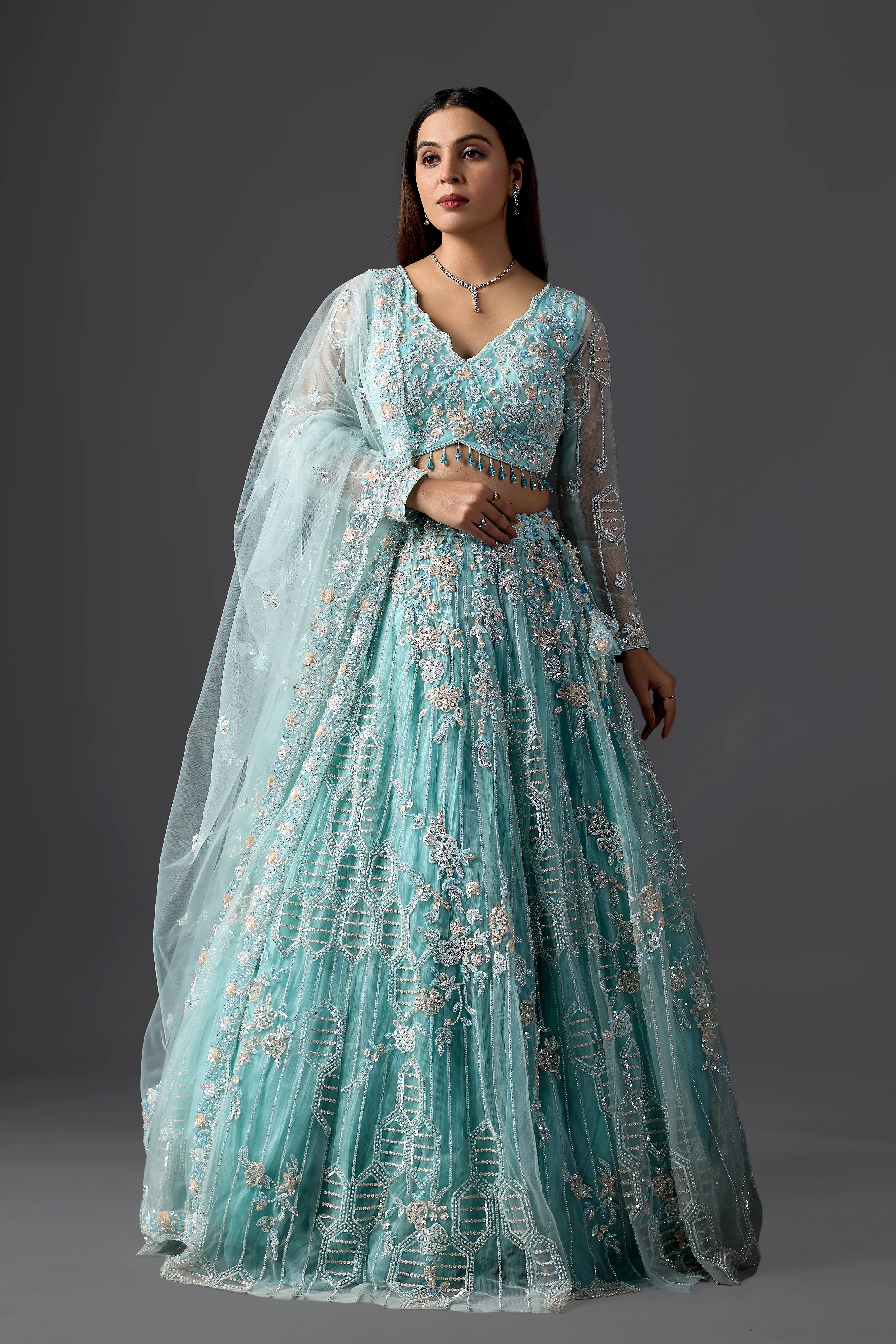 Sky Blue Net Embroidered Lehenga Choli Set with heavy Blouse & Dupatta