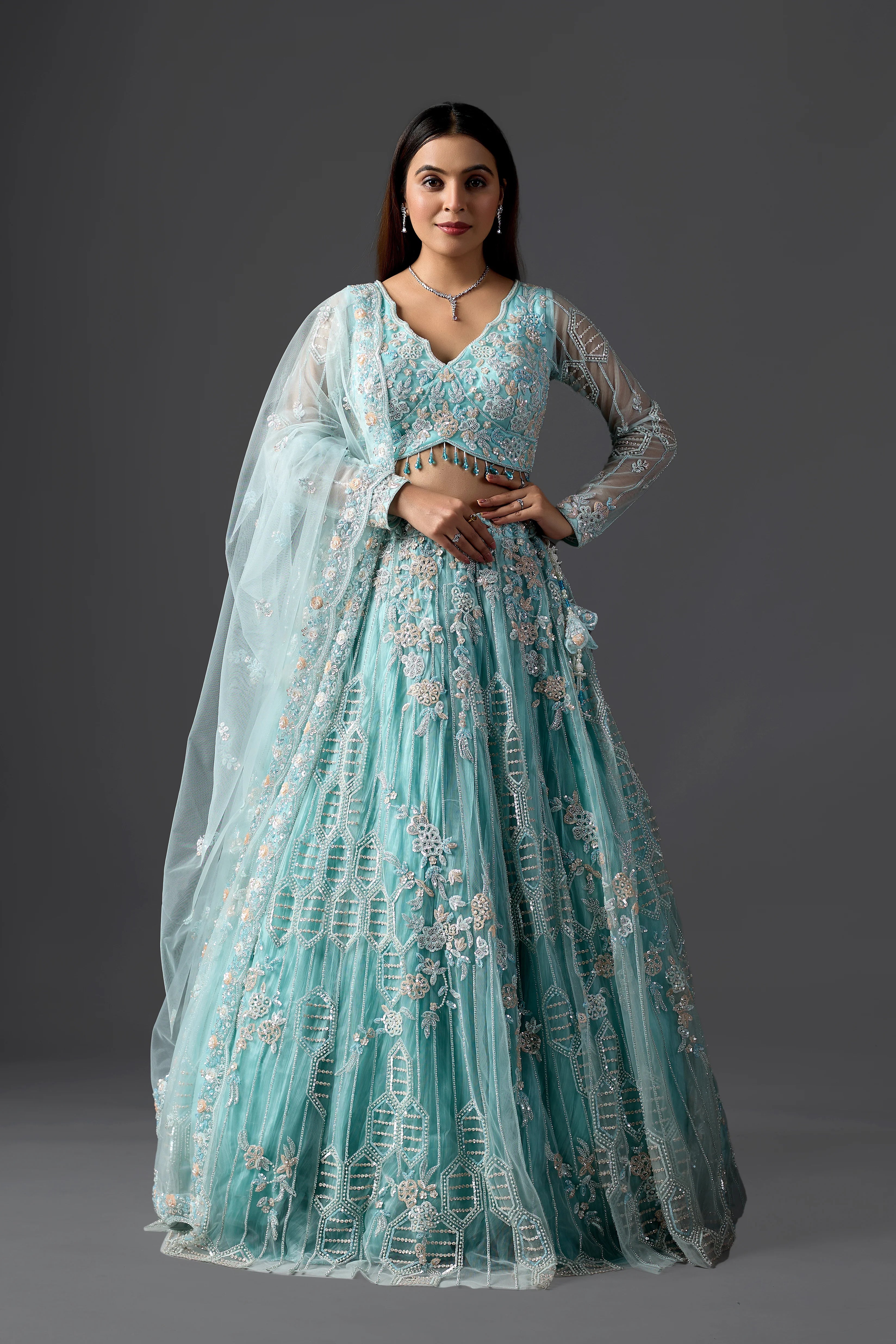 Sky Blue Net Embroidered Lehenga Choli Set with heavy Blouse & Dupatta