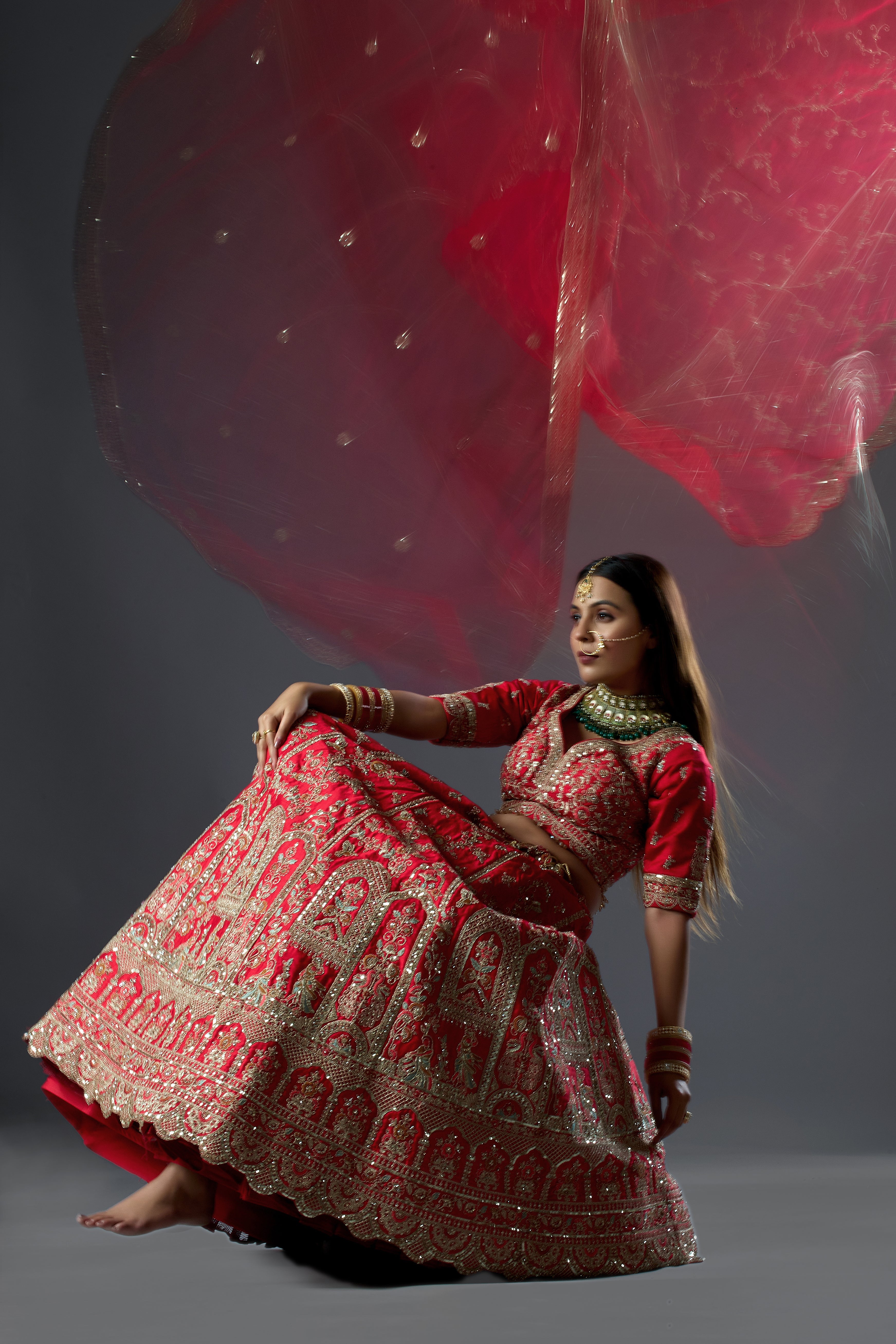 Red Silk Bridal Lehenga Set with Two  Dupatta