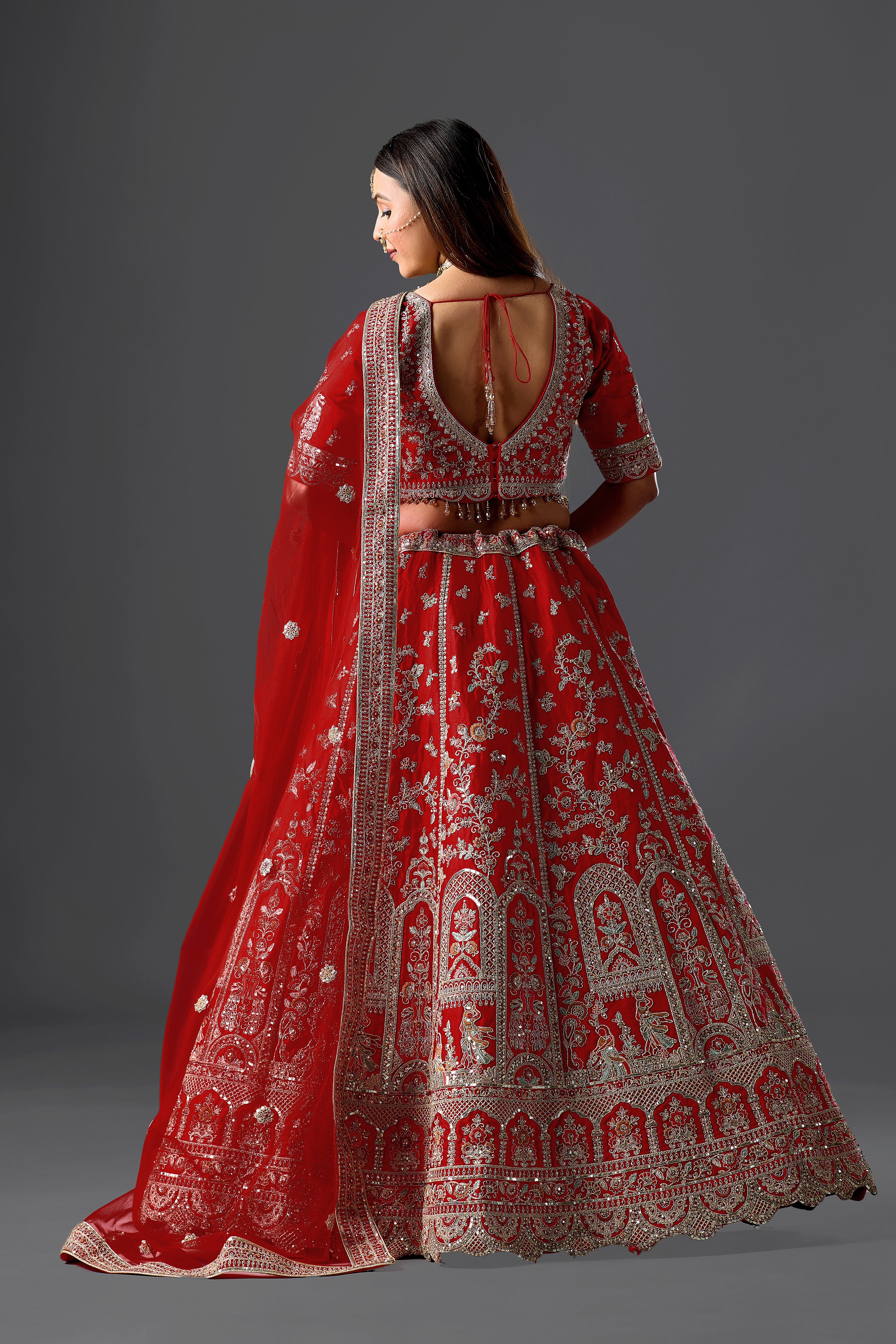 Red Silk Bridal Lehenga Set with Two  Dupatta