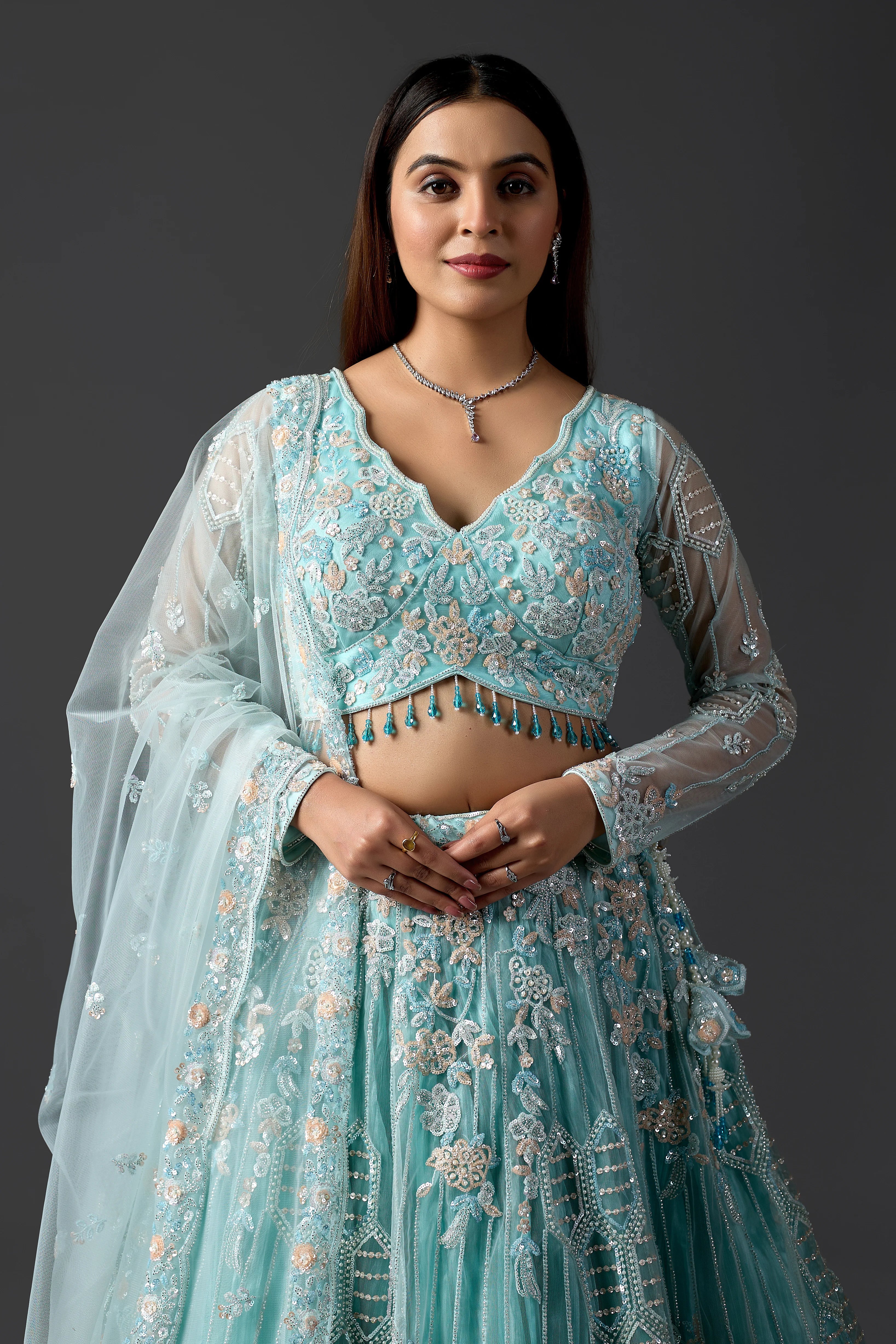 Sky Blue Net Embroidered Lehenga Choli Set with heavy Blouse & Dupatta