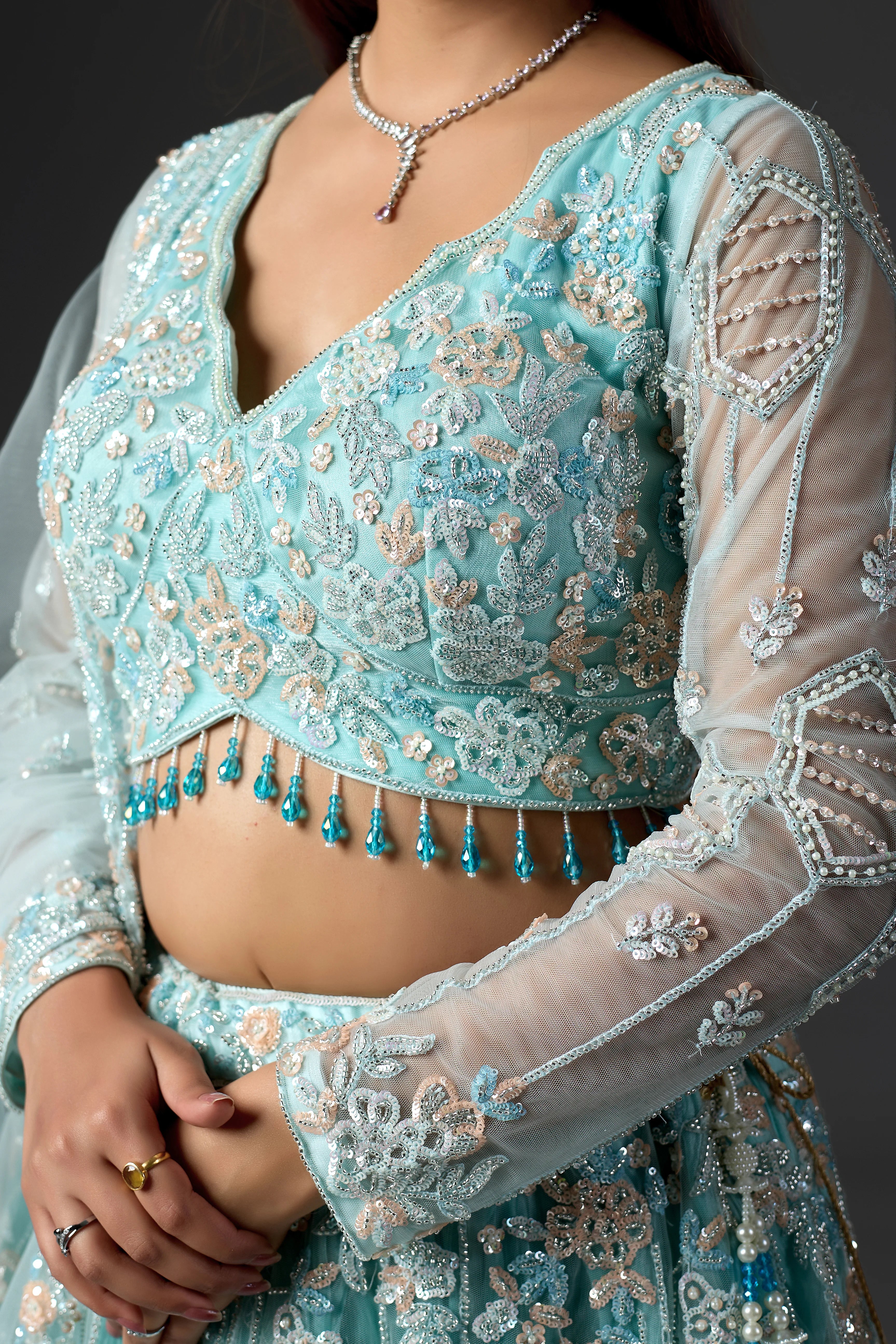 Sky Blue Net Embroidered Lehenga Choli Set with heavy Blouse & Dupatta