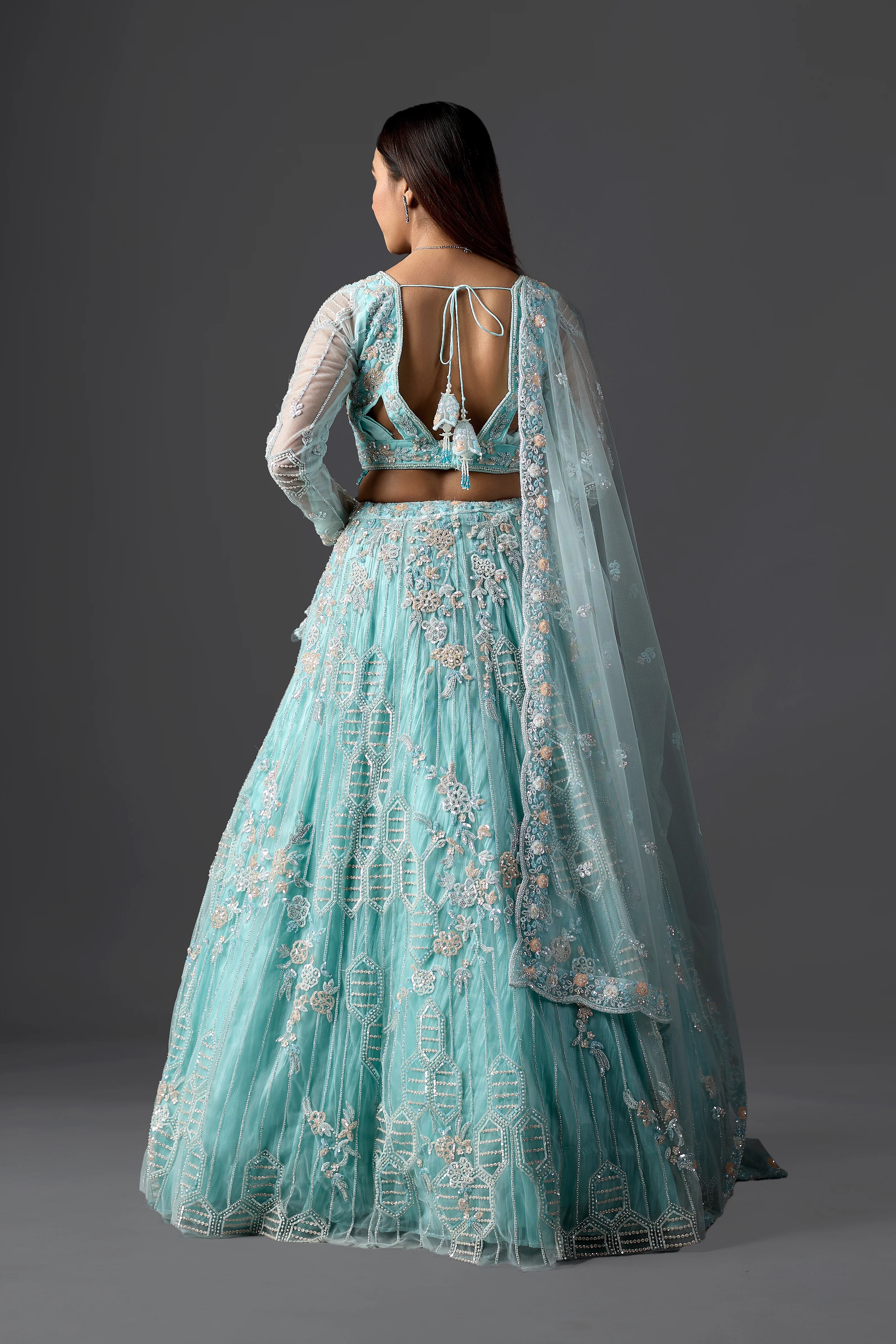 Sky Blue Net Embroidered Lehenga Choli Set with heavy Blouse & Dupatta