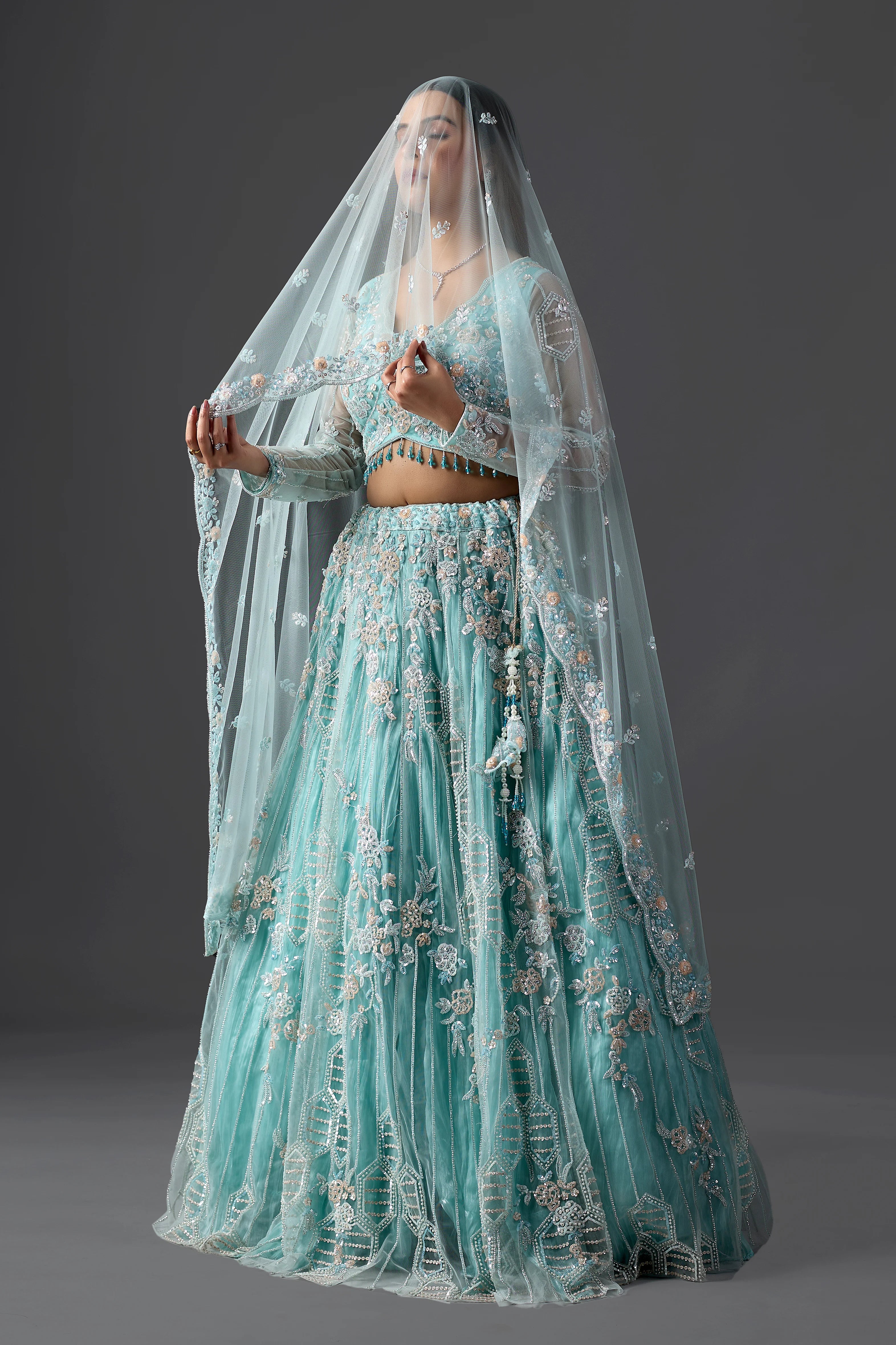 Sky Blue Net Embroidered Lehenga Choli Set with heavy Blouse & Dupatta